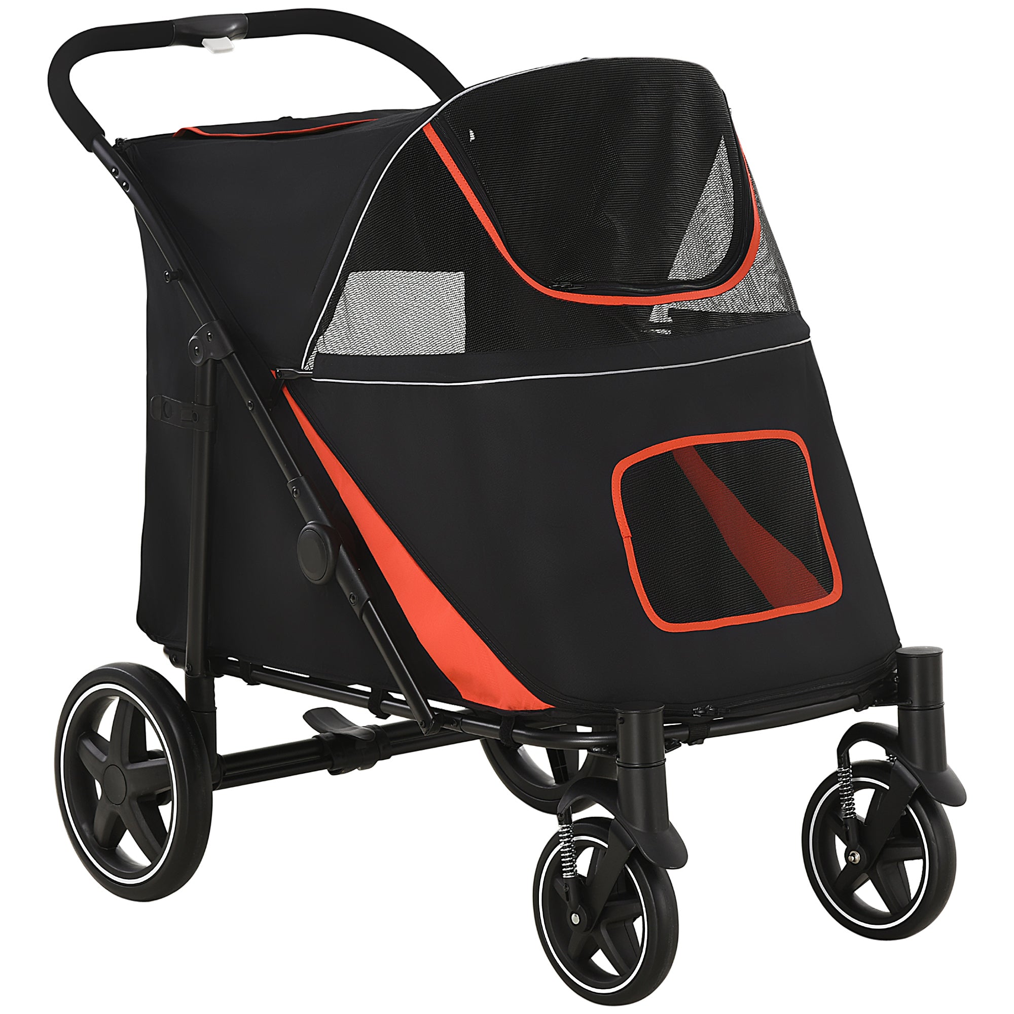 Pawhut 1 Click Foldable Doggy Stroller For Medium Large Dogs, Pet Stroller With Storage, Smooth Ride With Shock Absorption, Mesh Window, Safety Leash