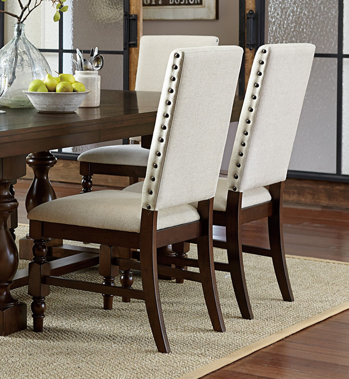 Dark Oak Finish Wooden Dining Chairs Set Of Cream Upholstered Back S