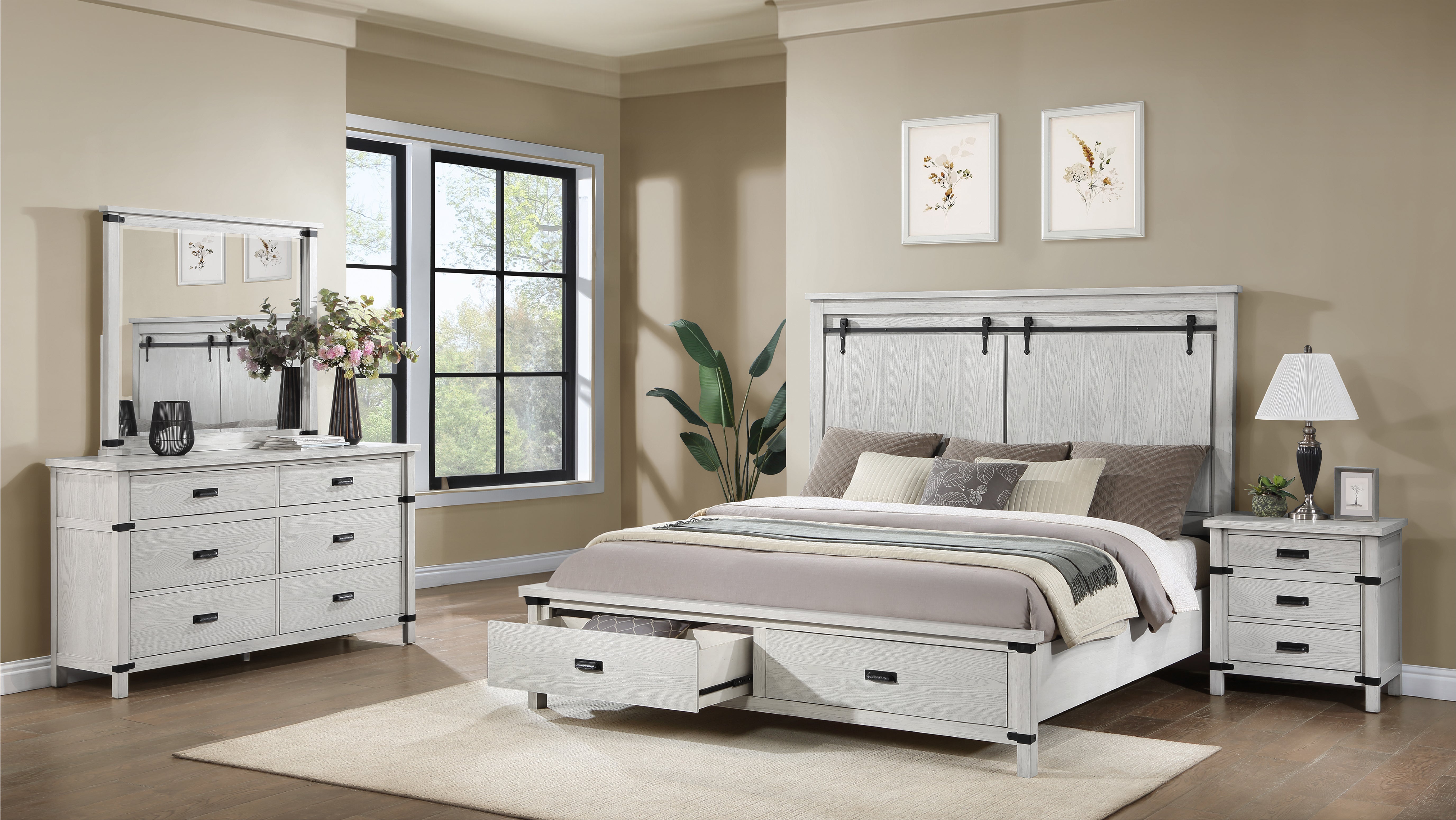 Loretta Modern Style 4 Pc Queen Bedroom Set Made With Wood In Antique