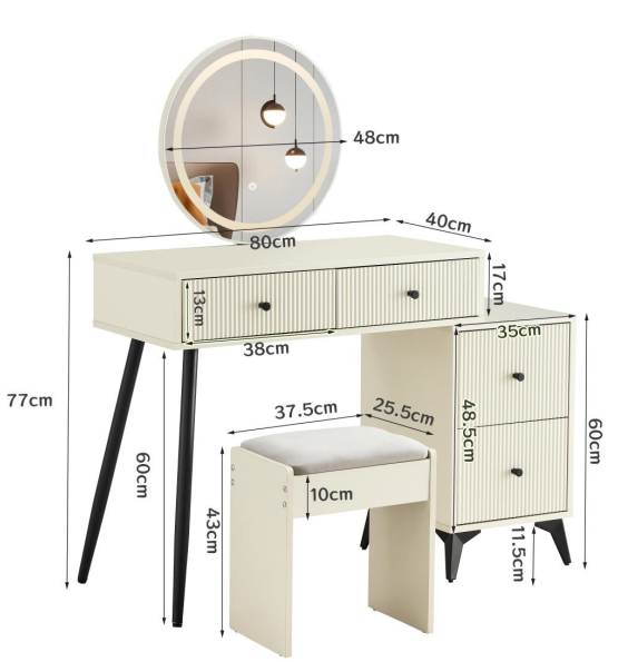Fluted Makeup Vanity Desk With Round Led Mirror And Lights, Modern Gla Fluted Makeup Vanity Desk With Round Led Mirror And Lights, Modern Gla
