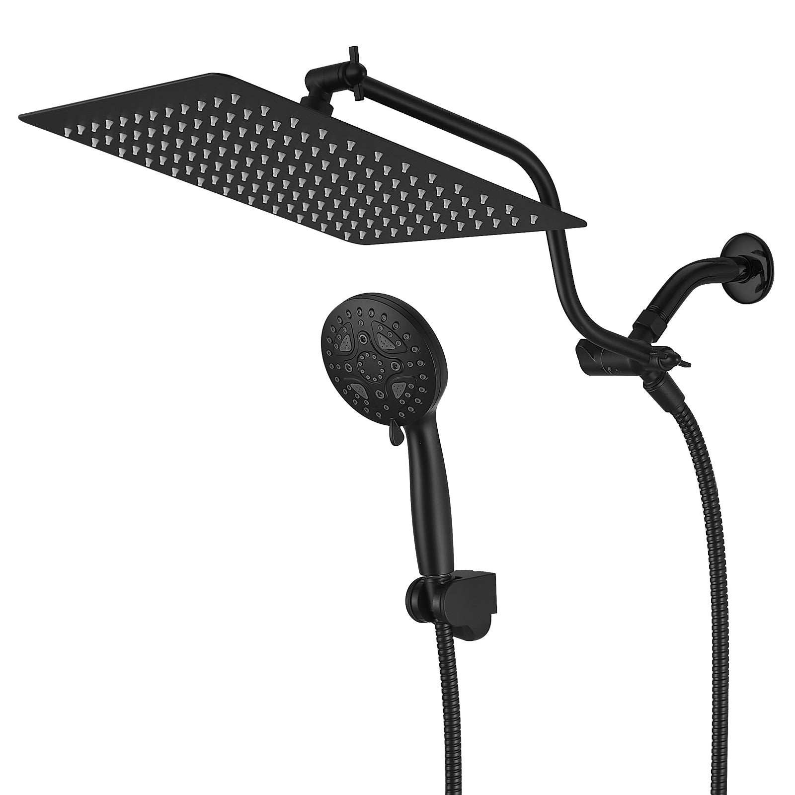 12-Inch All Metal Black Shower Head Combo - Adjustable Arm, 3 Functions, 7-Settings Handheld