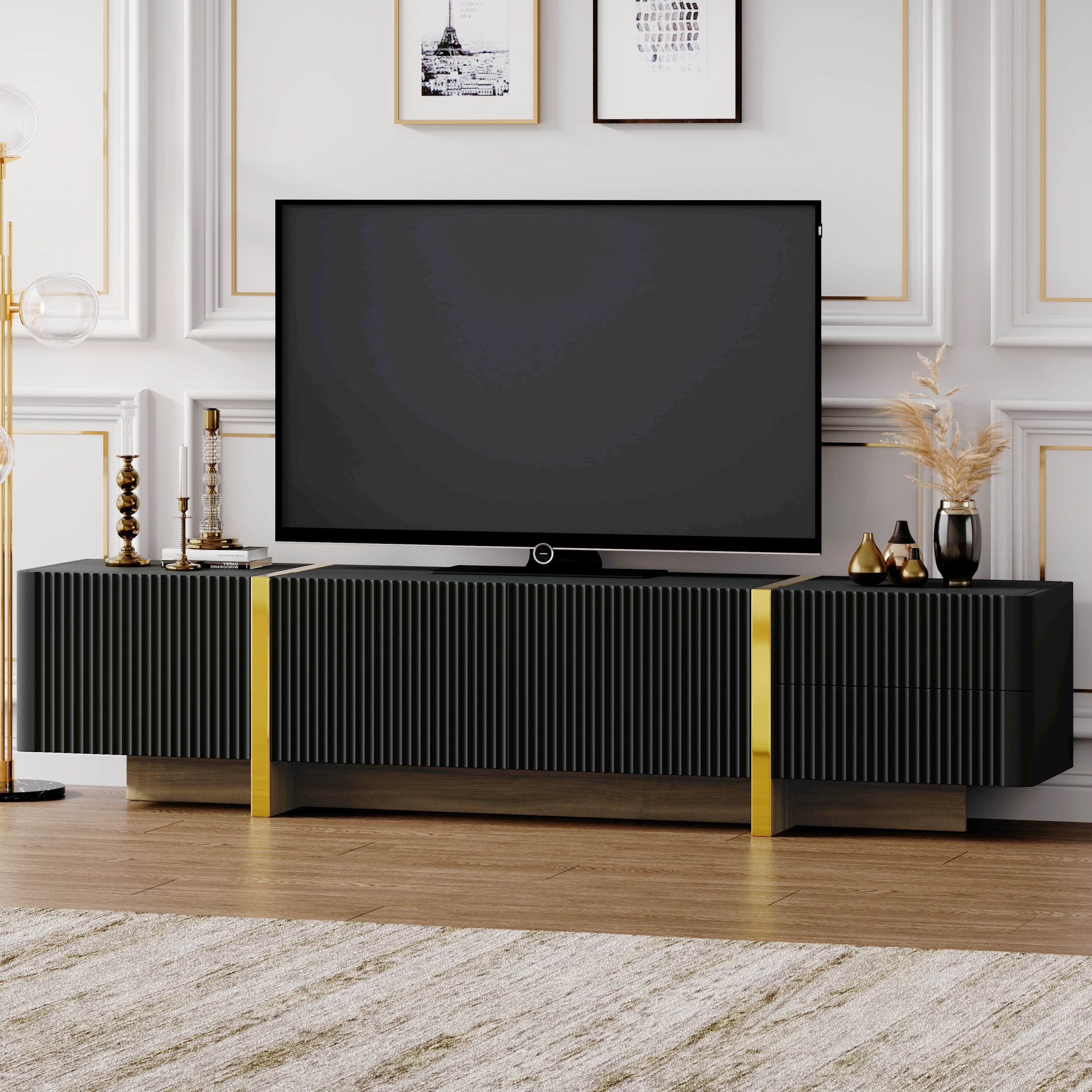 Luxury Fluted TV Stand for TVs Up to 80'' - Modern Black Entertainment Center