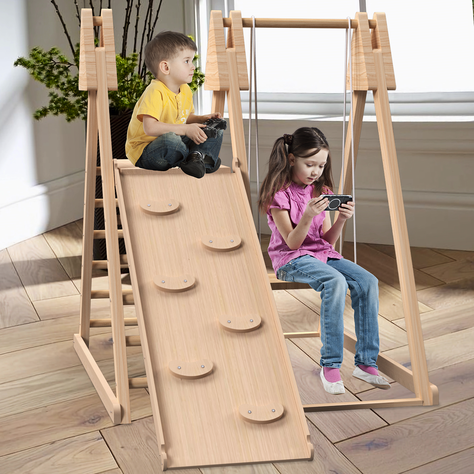 In Juniper Indoor Play Gym Jungle Gym Playset With Baby Swing, Slide, Ladder, And Climbing Wall Foldable Wooden Playset Indoor Jungle Gym For Kids