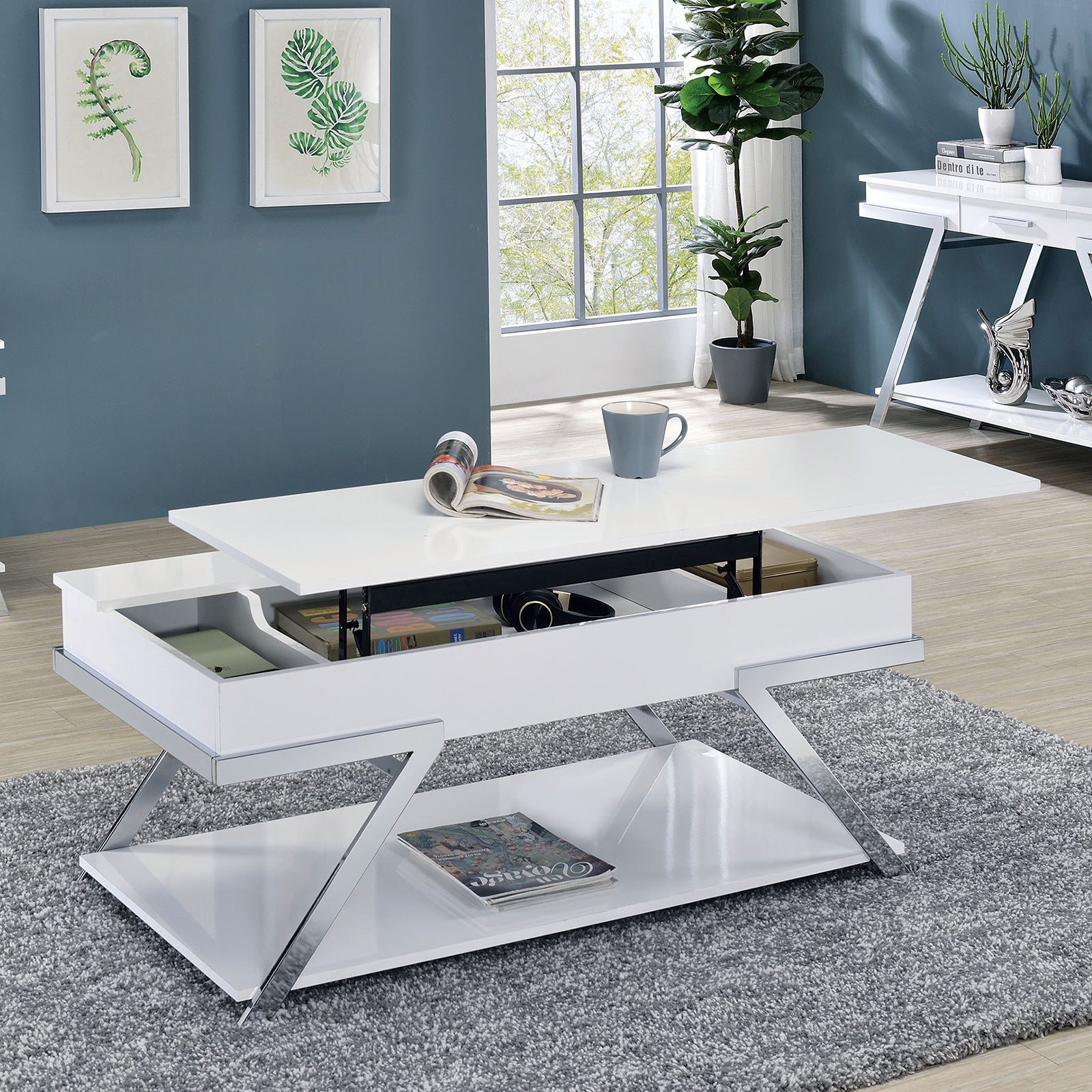 Living Room White Gloss Lift Up Coffee Table Contemporary Style