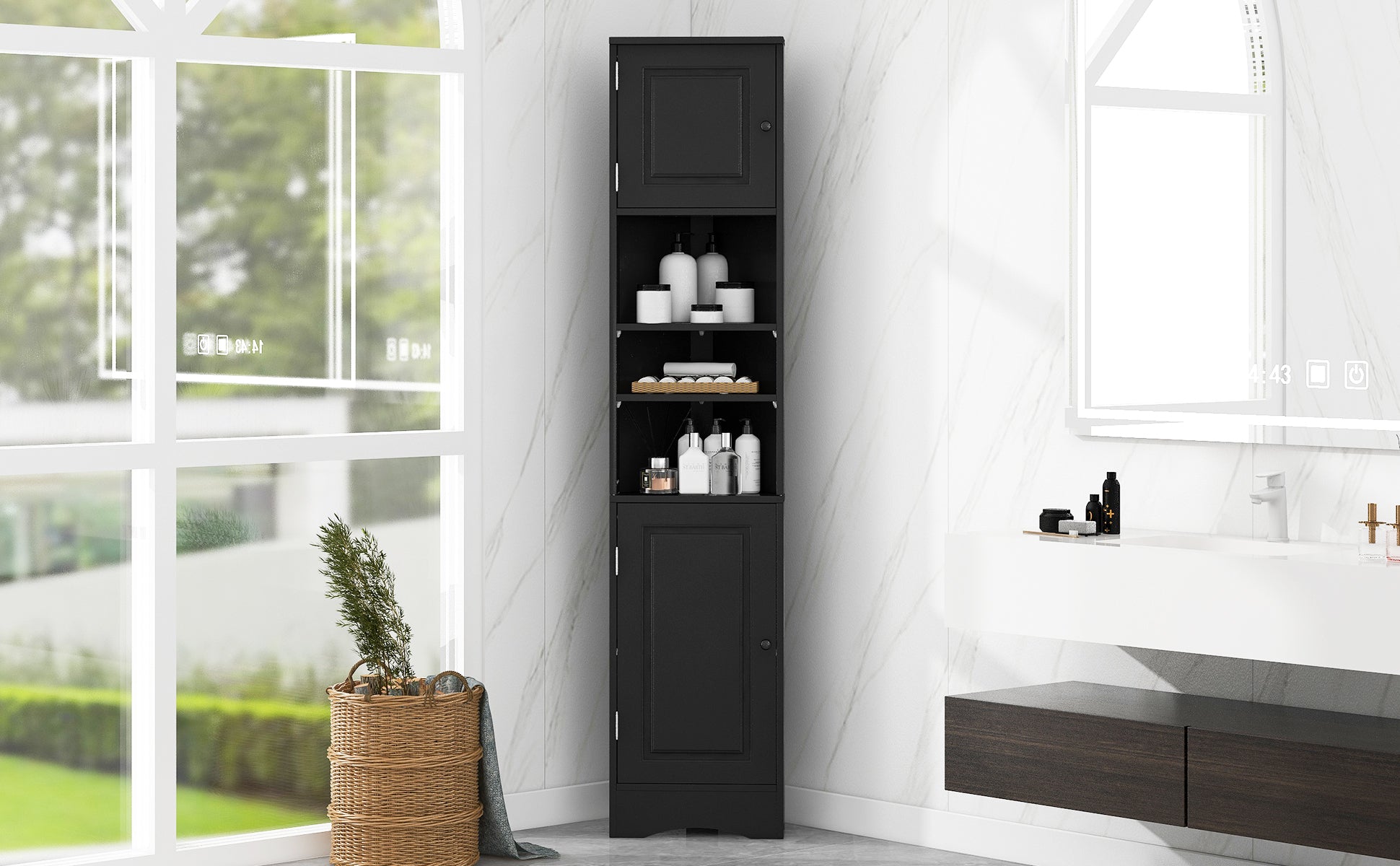 Multi Functional Corner Cabinet Tall Bathroom Storage Cabinet With Two