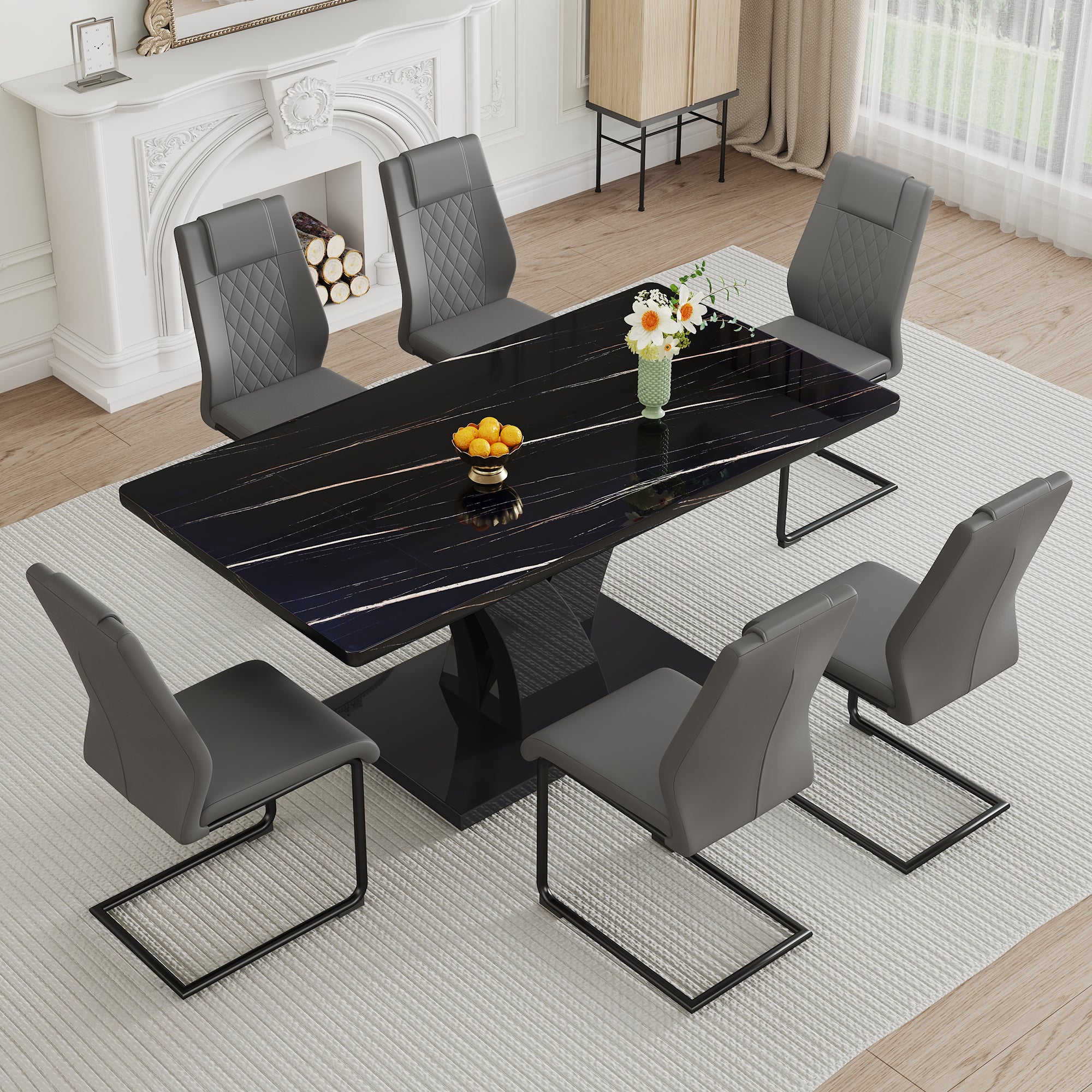 Table And Chair Set, Modern Dining Table, Black Tabletop And Black Mdf
