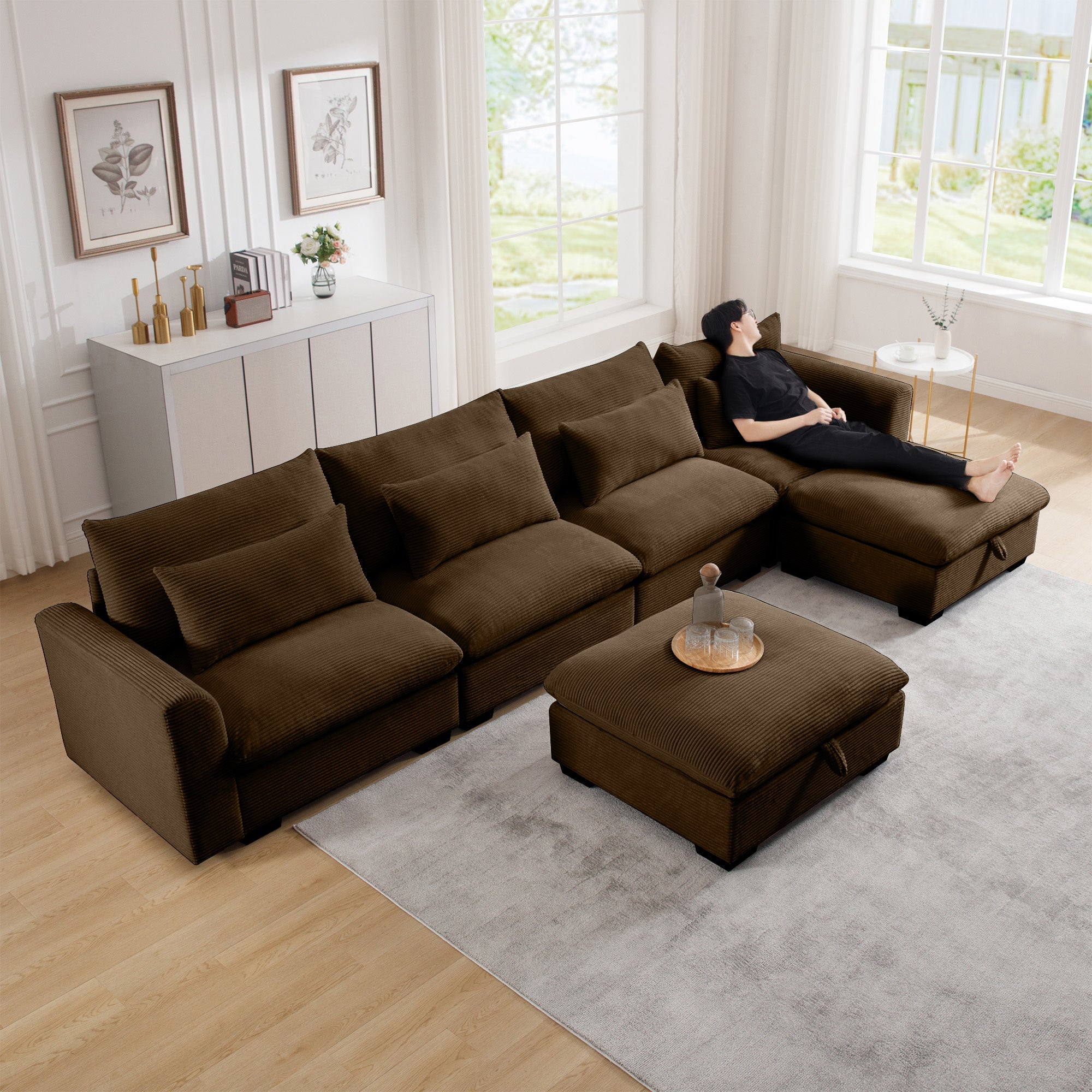 Big Deep Seat U Shaped Corduroy Sectional Couches For Living Room, 4 S