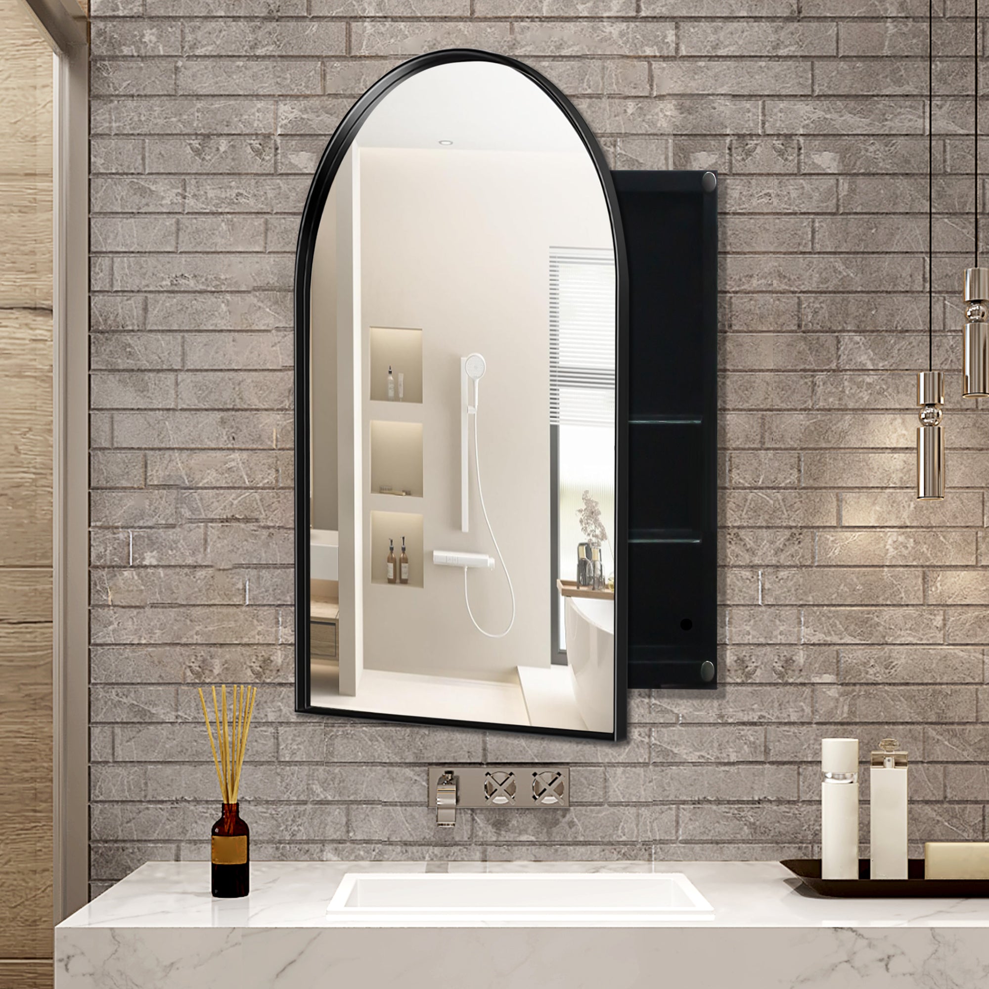 White Bathroom Wall Medicine Cabinet with Mirror and Open  White Bathroom Wall Cabinet with Mirror main image 2