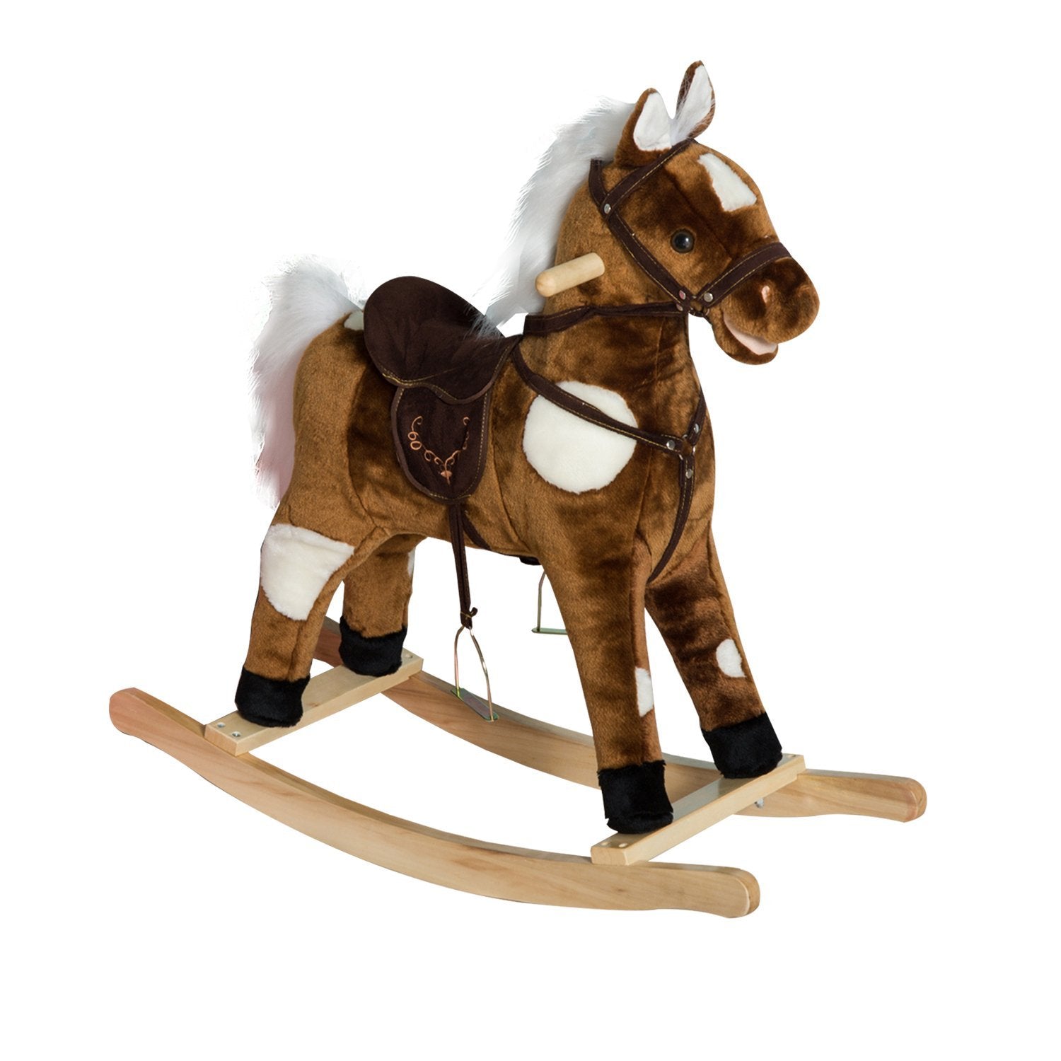 Qaba Kids Metal Plush Ride On Rocking Horse Chair Toy With Nursery Rhy