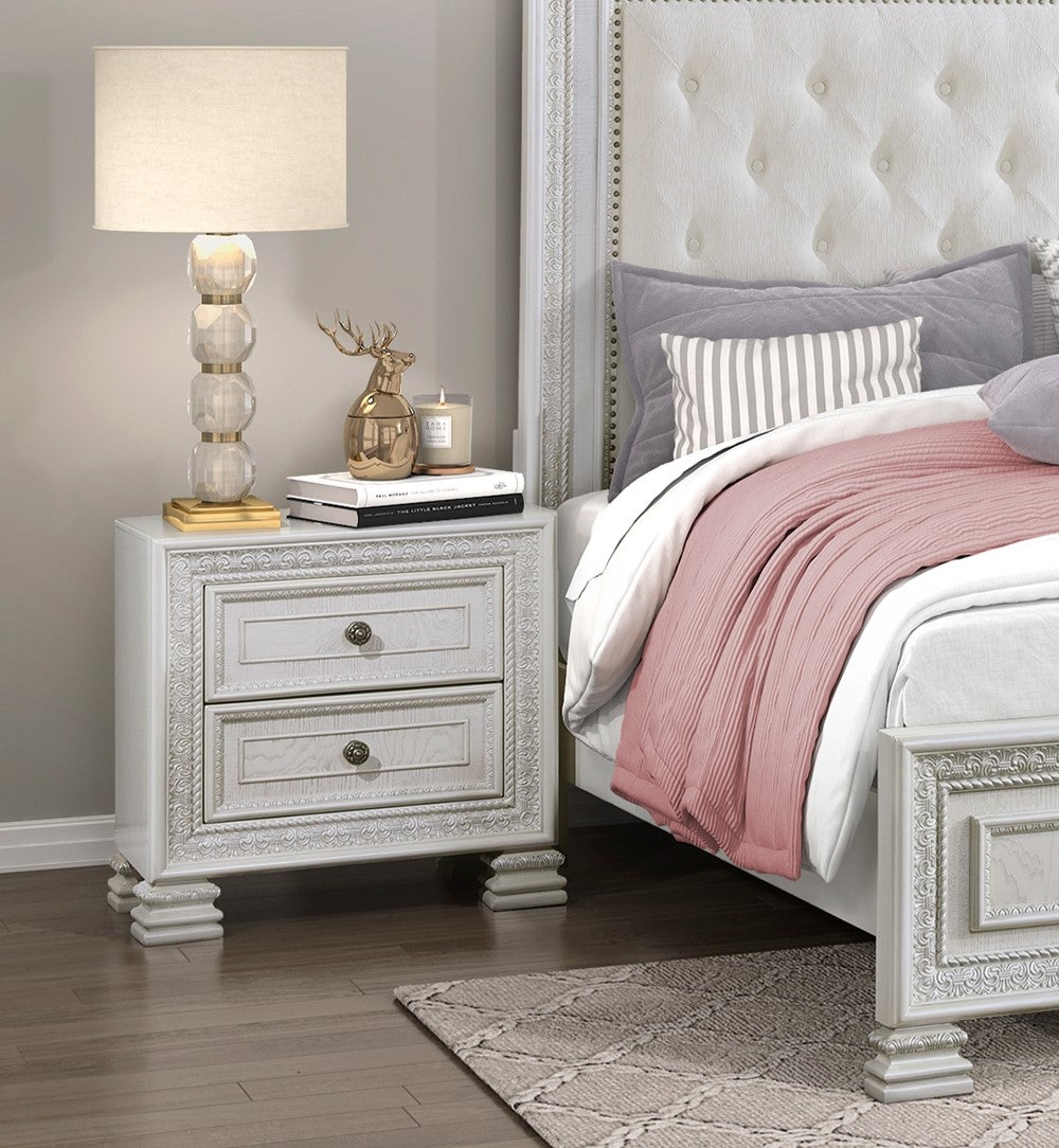 Classic Luxury Pearl White Finish Nightstand Of 2X Drawers Wooden Bedroom Furniture 1Pc, Dart Molding Design White 2 Drawers Wood Classic Luxury Pearl White Finish Nightstand Of 2X Drawers Wooden Bedroom Furniture 1Pc, Dart Molding Design White 2 Drawers Wood