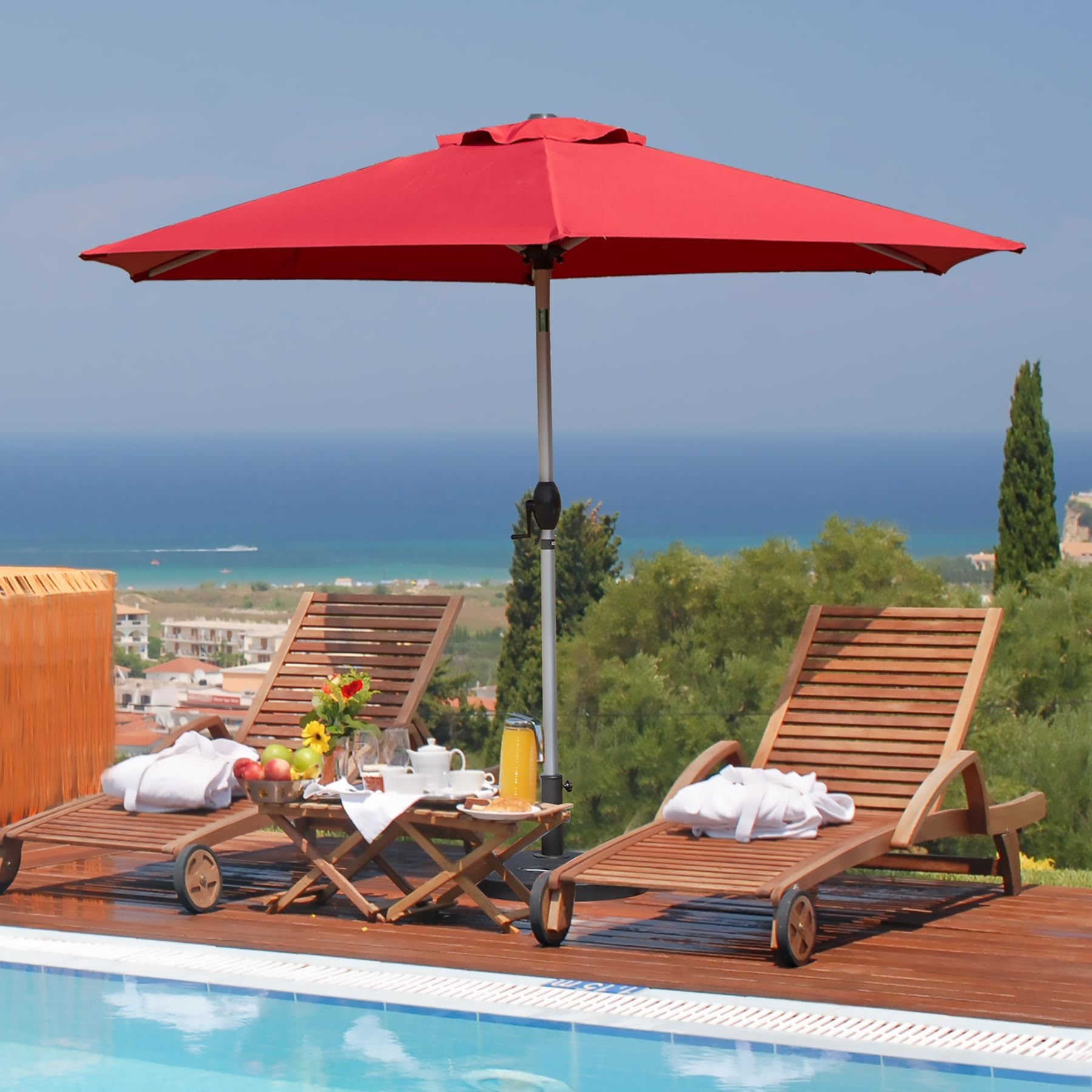 images of patio tables with umbrellas Outsunny 8 Pieces Table and Chairs Set 9 Ft Patio Umbrella, Gray shady spot for dining or relaxing at your home or business is in this 7 piece patio set California Umbrella Tahoe Series 11