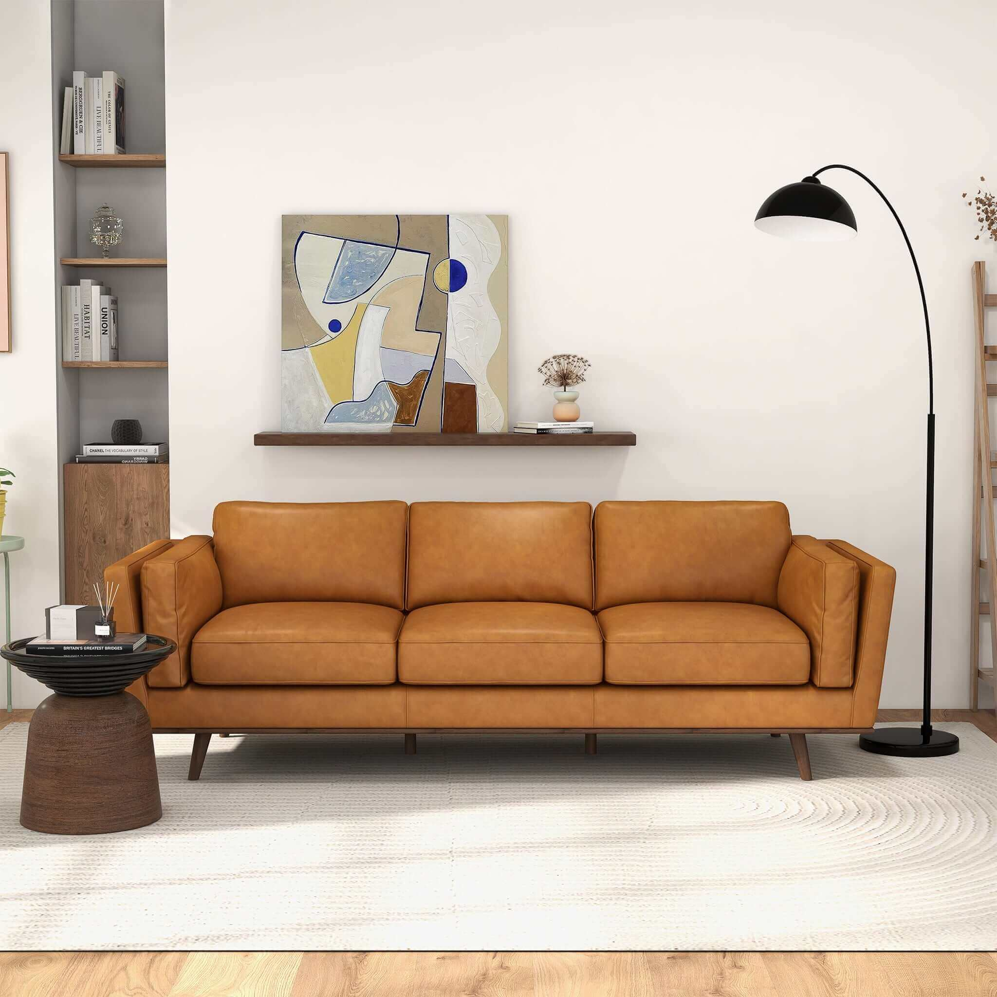 Chase Mid Century Modern Tan Genuine Leather Sofa Tan Brown Genuine Le