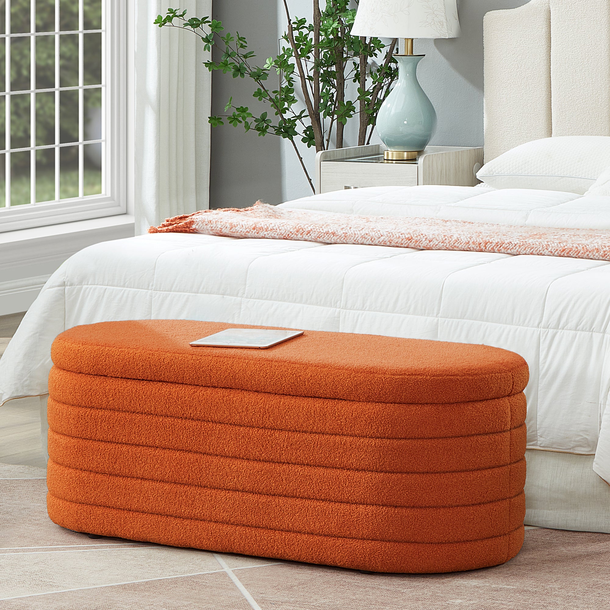 Modern Oval Storage Ottoman Bench, Upholstered Boucle Teddy Fabric End