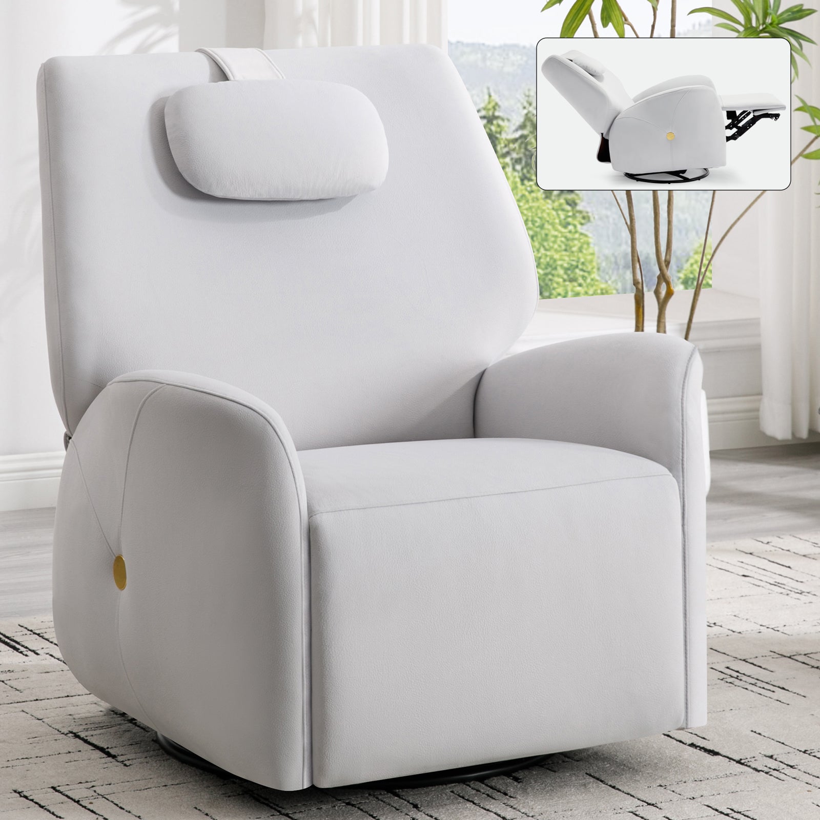 Beige Swivel And Rocker Power Recliner Chair With Lumbar And Neck Supp