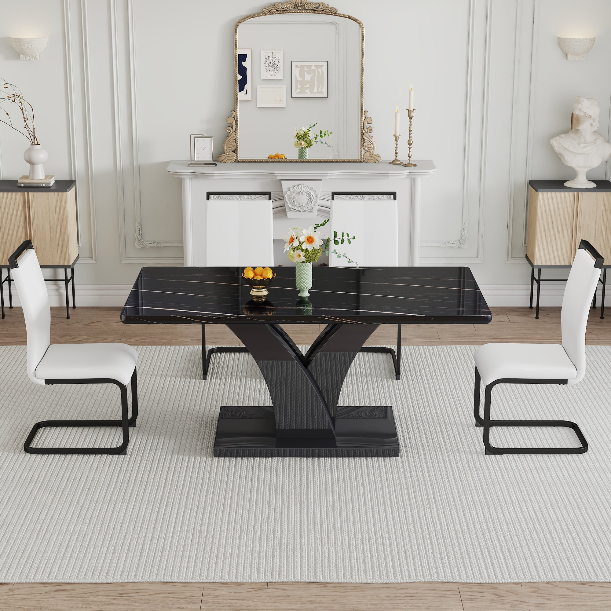 Table And Chair Set, Modern Dining Table, Black Tabletop And Black Mdf