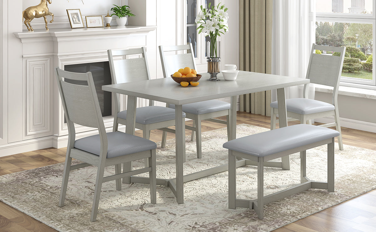 Farmhouse 6 Piece Wood Dining Table Set With 4 Upholstered Chairs And
