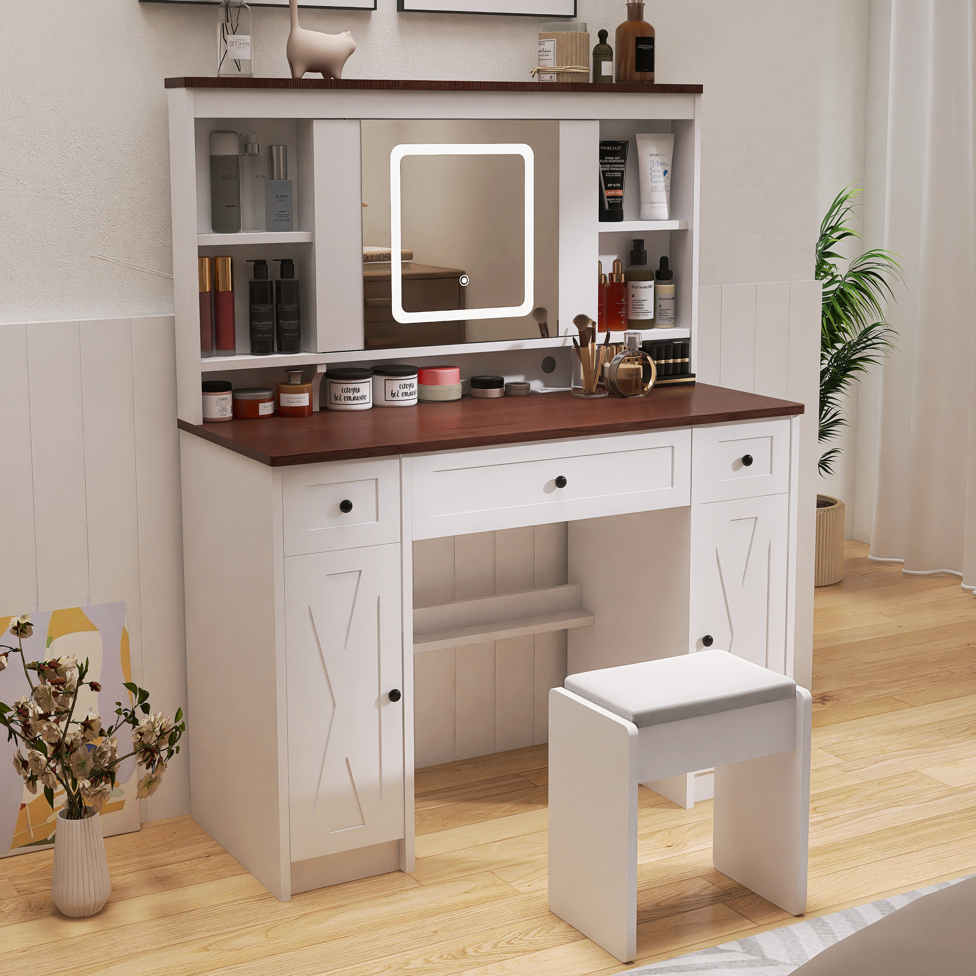 Farmhouse Vanity Desk With Sliding Mirror,Lights And Charging Station, Farmhouse Vanity Desk With Sliding Mirror,Lights And Charging Station,