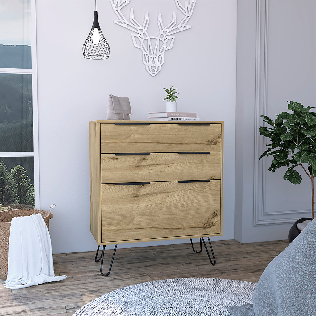 Augusta Dresser, Hairpin Legs, Three Drawers, Superior Top Light Oak B