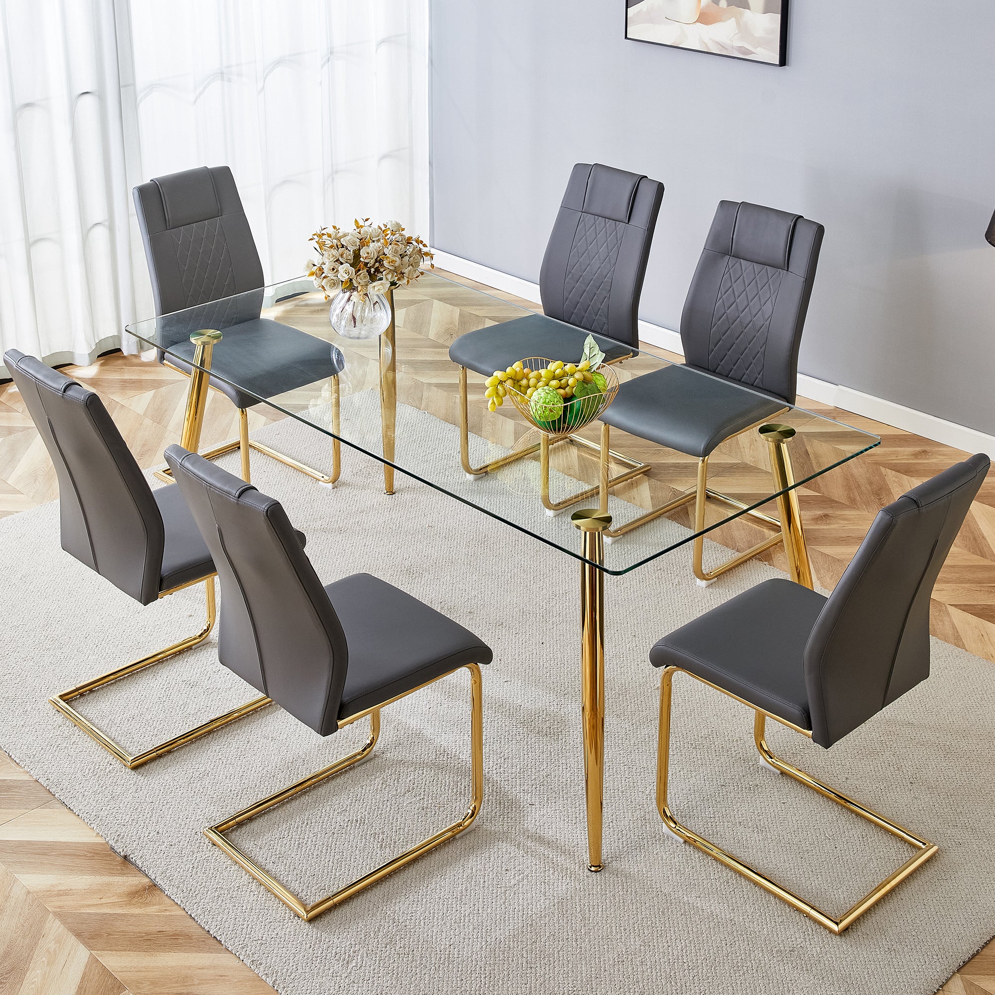 Table And Chair Set.Modern Rectangular Glass Dining Table With A Tempe