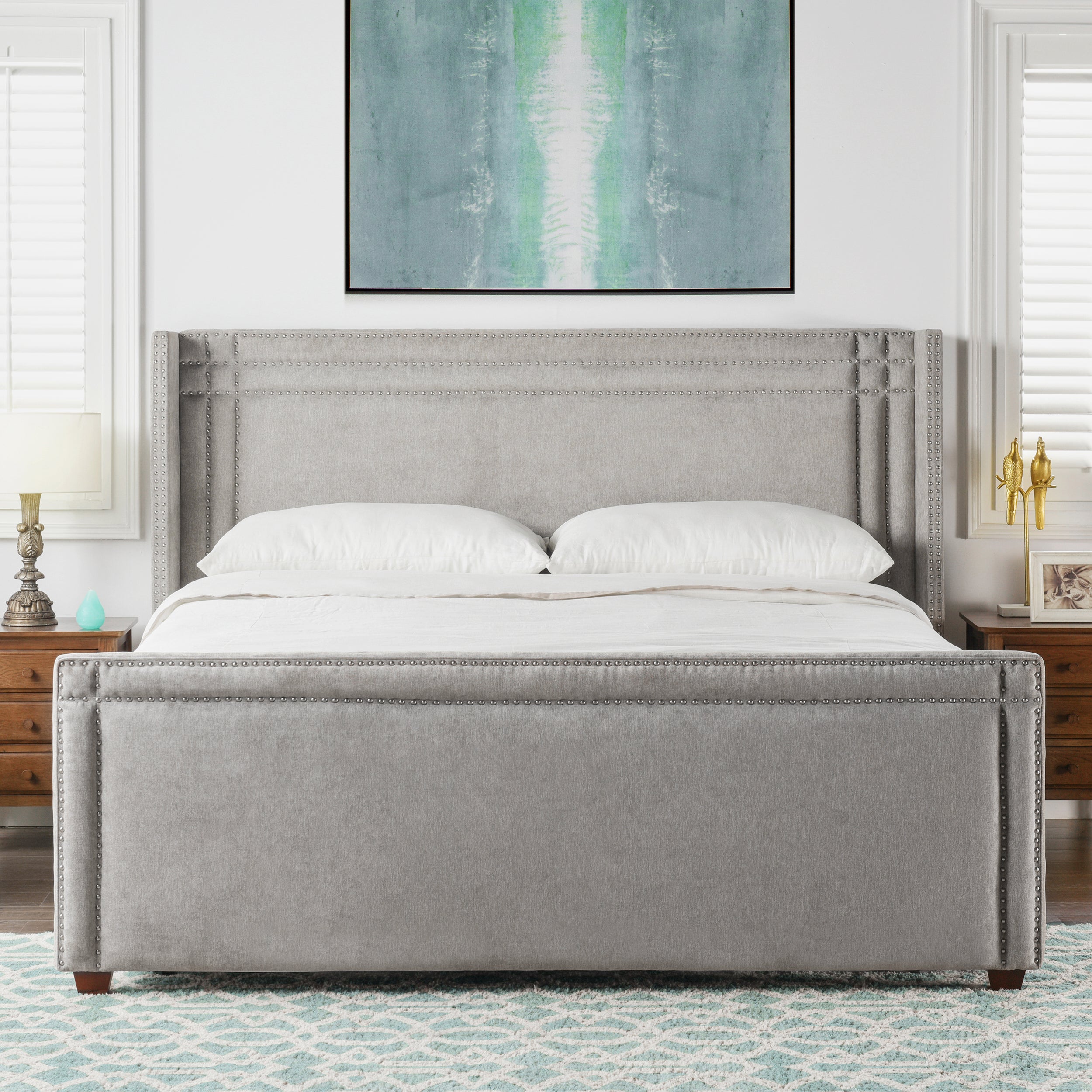 Elle Wingback Upholstered King Bed, Silver Grey Polyester Gray Polyest