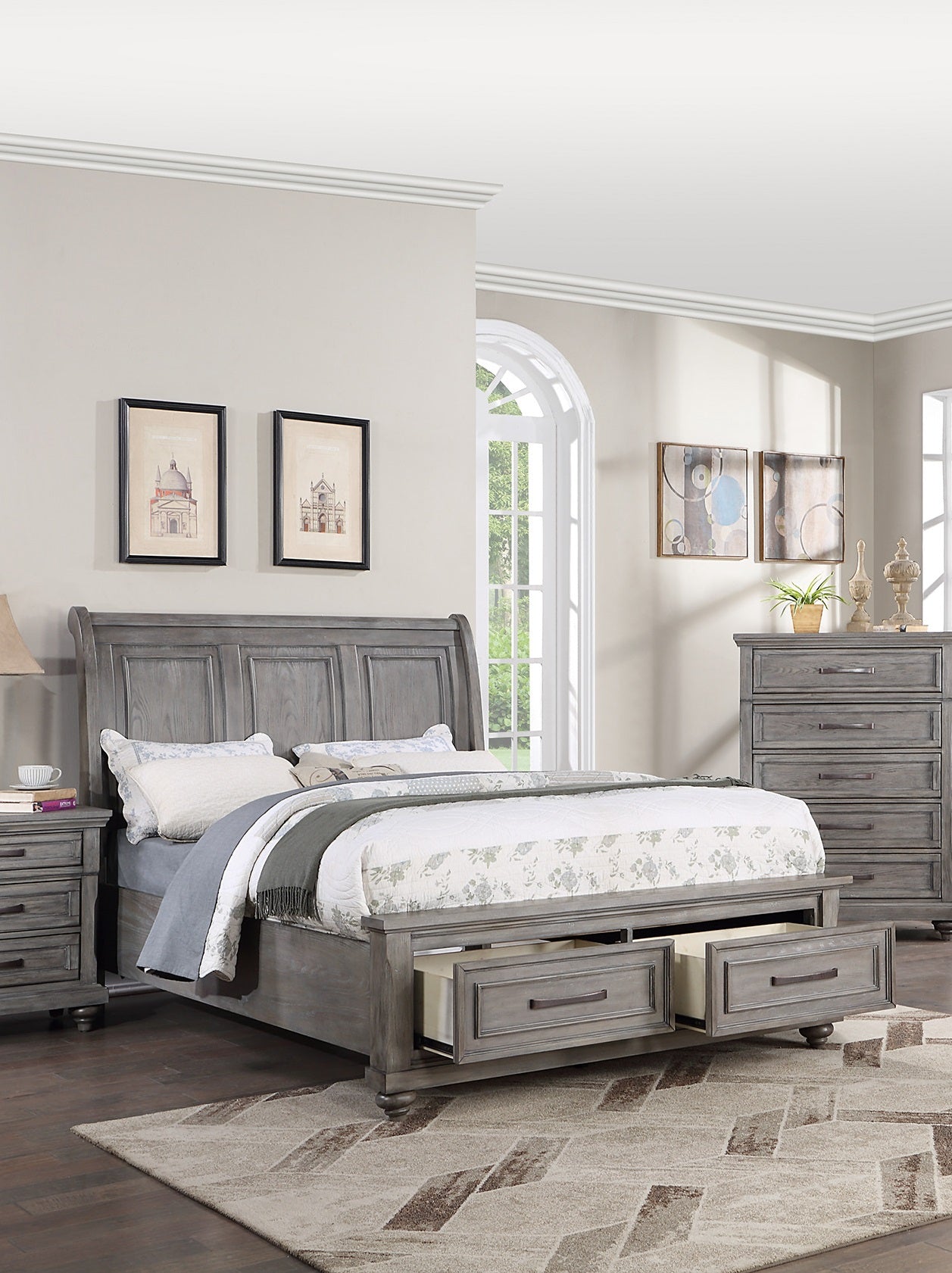 slim fit dress slacks Eastern King Size Bed W Under Bed Drawer Vintage Look Gray Color Beaut