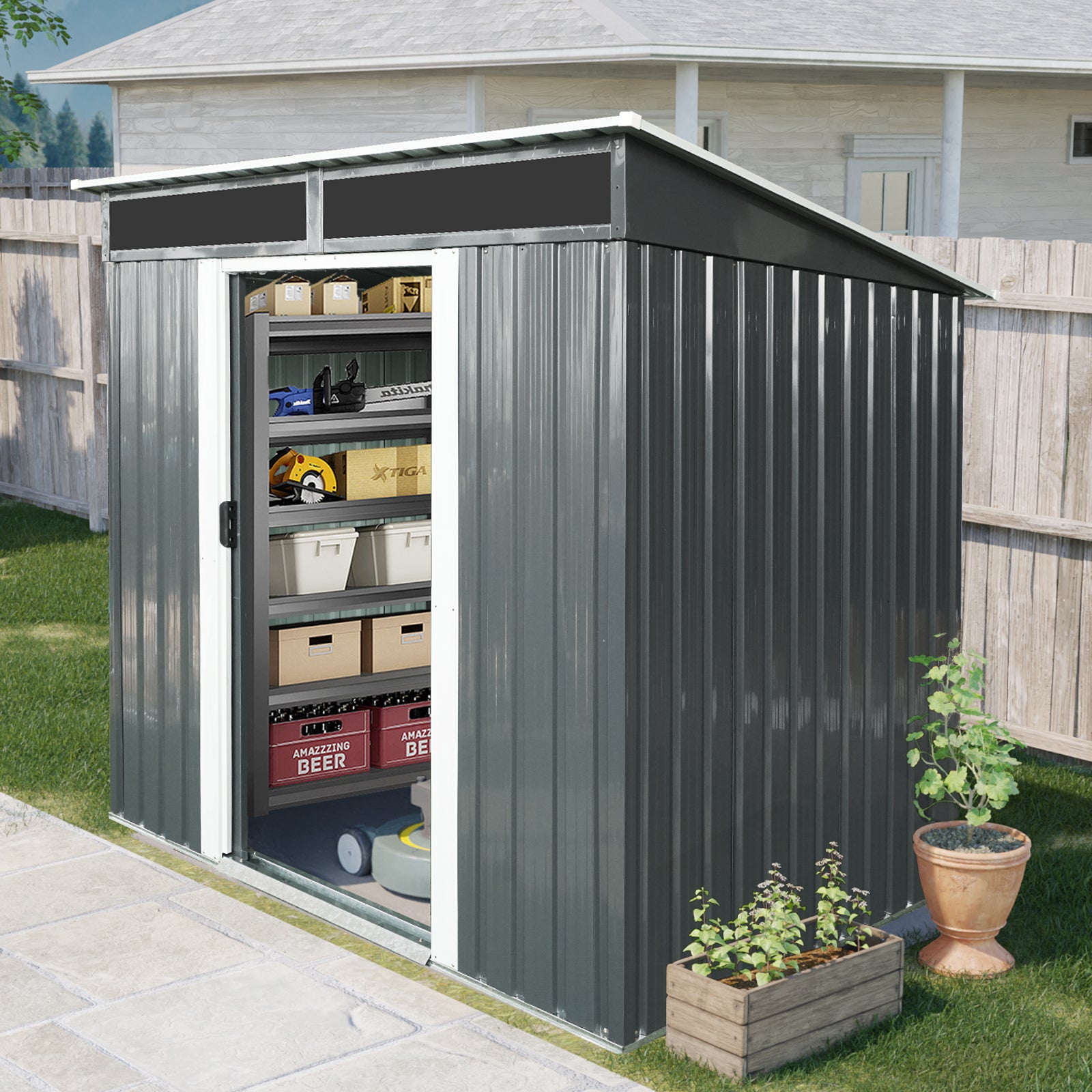 6Ft X 5Ft Outdoor Metal Storage Shed With Lockable Sliding Doors And T