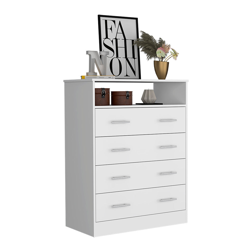 Four Drawer Dresser, Superior Top, One Open Shelf, White White Solid W Four Drawer Dresser, Superior Top, One Open Shelf, White White Solid W