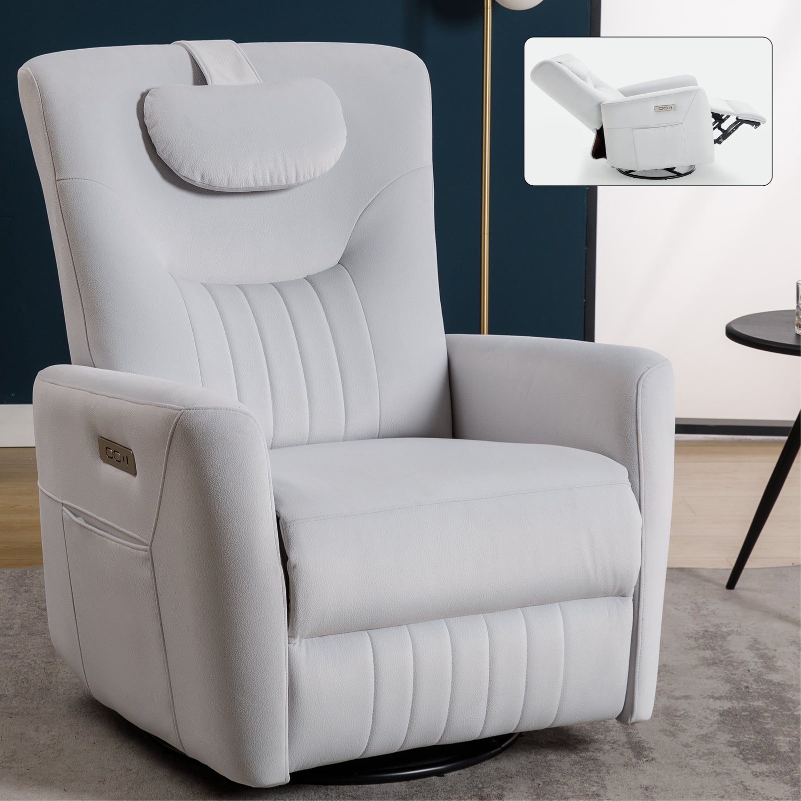 Beige Swivel And Rocker Power Recliner Chair With Lumbar And Neck Supp
