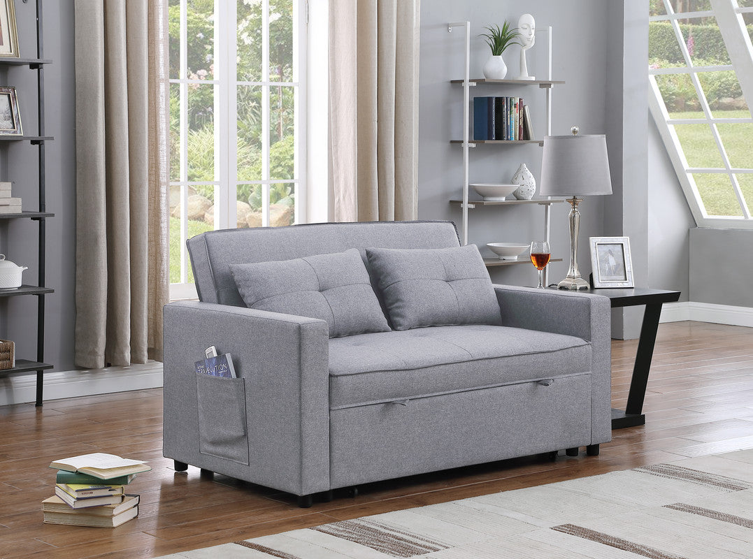 Zoey 56" Light Gray Linen Convertible Sleeper Loveseat With Side Pocke