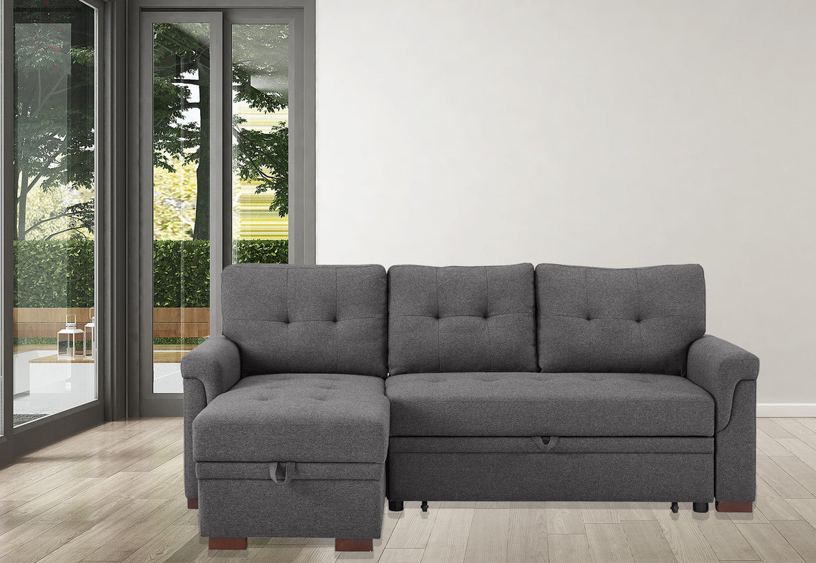Destiny 84" Dark Gray Linen Reversible Sleeper Sectional Sofa With Sto