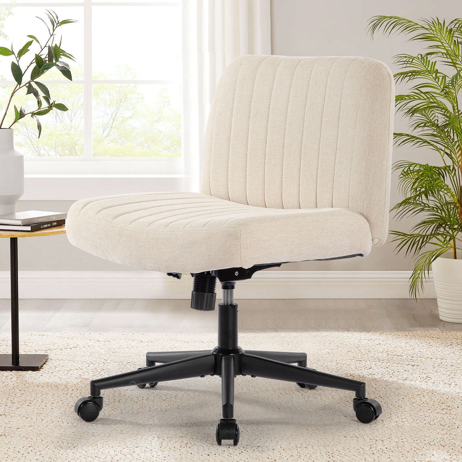 Office Chair With Wheels, Armless Office Chair, Linen Wide Seat Home O