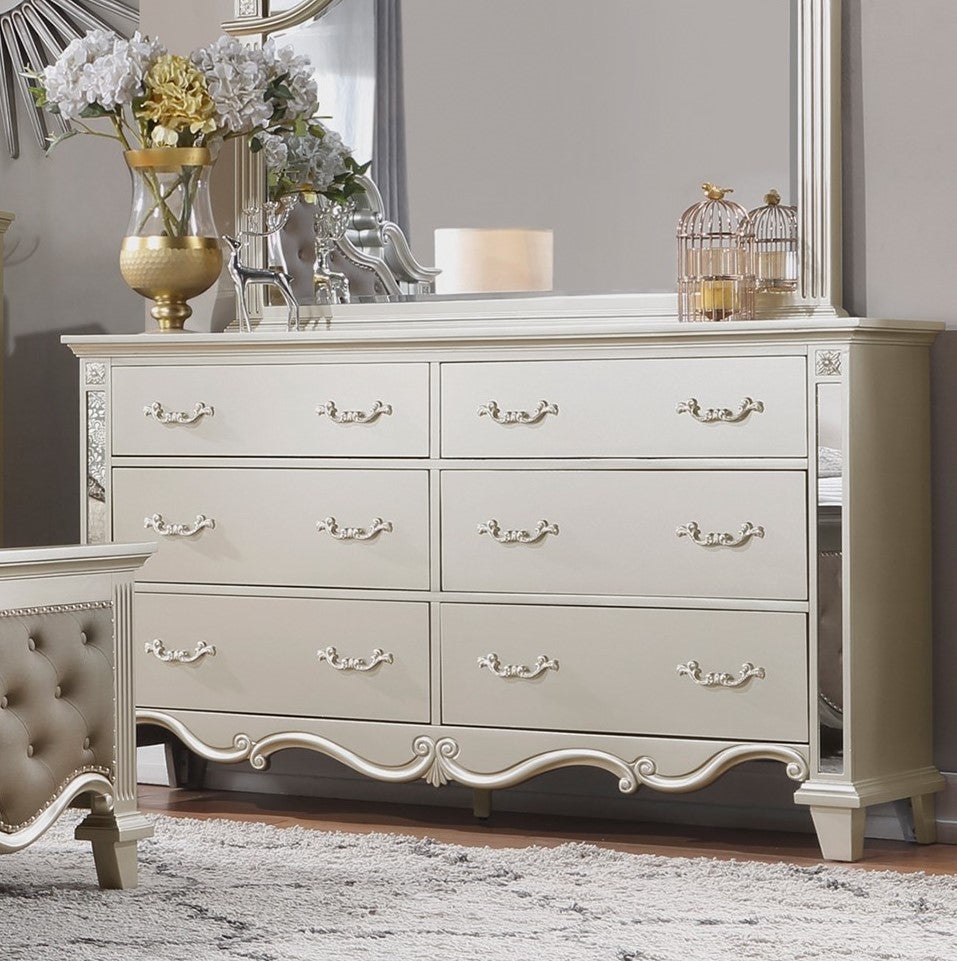 Glamorous Champagne Finish Dresser Of 6 Drawers Textural Panels Traditional  Luxury Bedroom Furniture 1Pc Champagne Bedroom Luxury,Traditional Wood