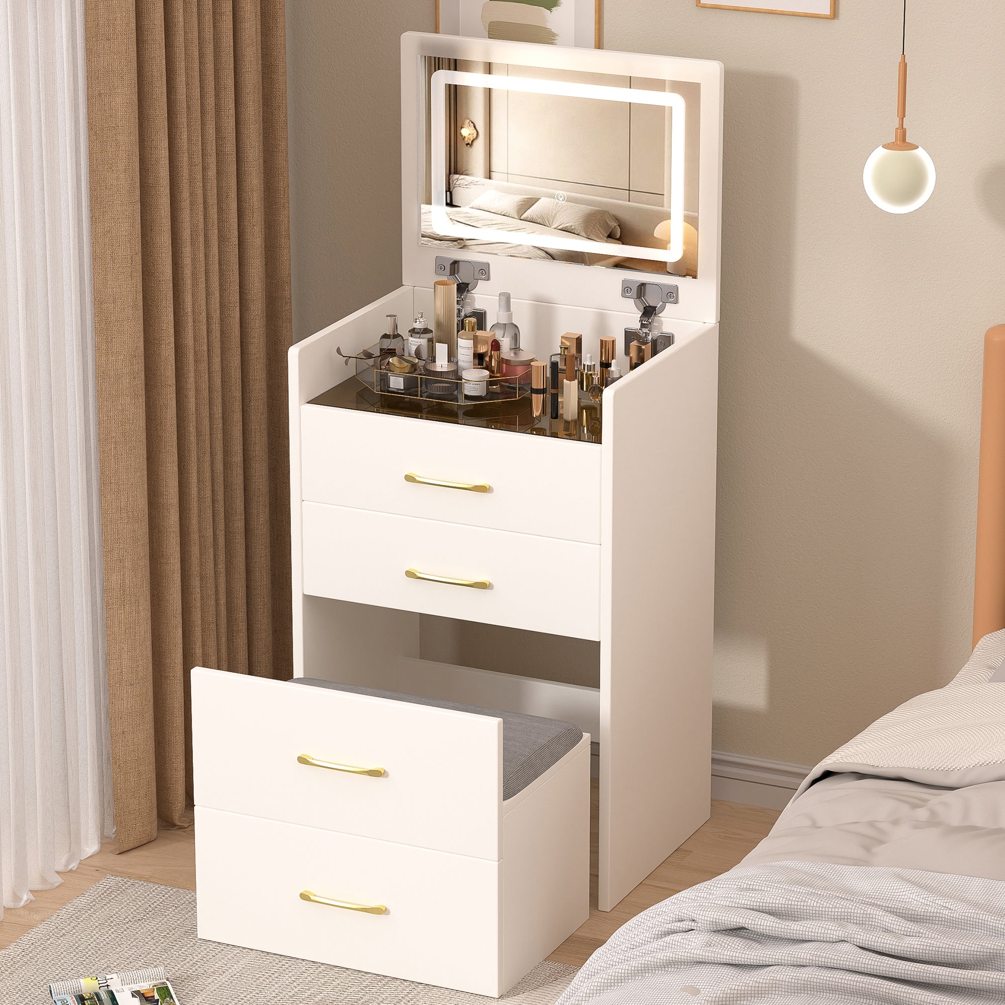 mini dressing table Irvine Mini Dressing Table With Stool Led And USB In Glossy White