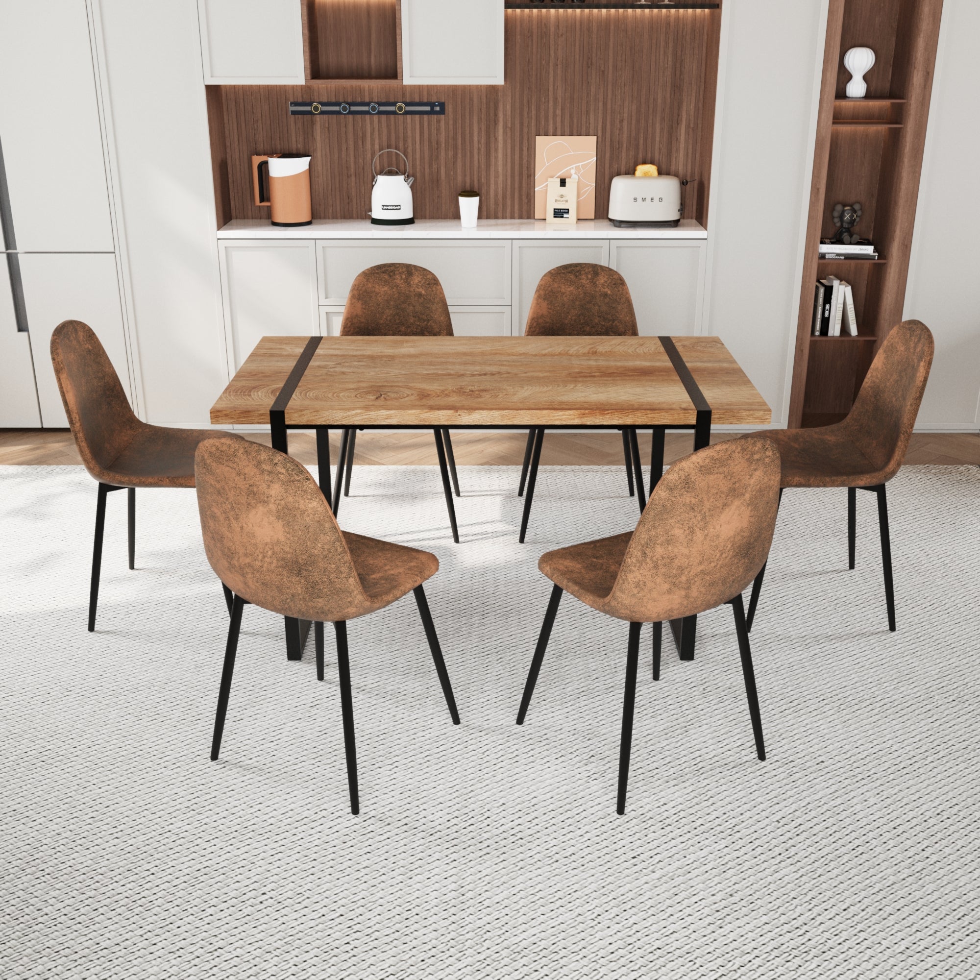 Mdf Natural Wood Dining Table And Modern Dining Chair Set Of Pieces,