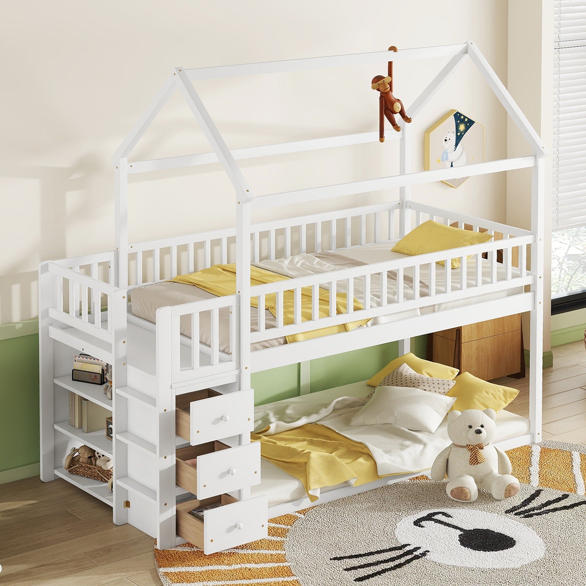 Twin Twin House Bunk Bed With Shelves And Drawers For White Color Box