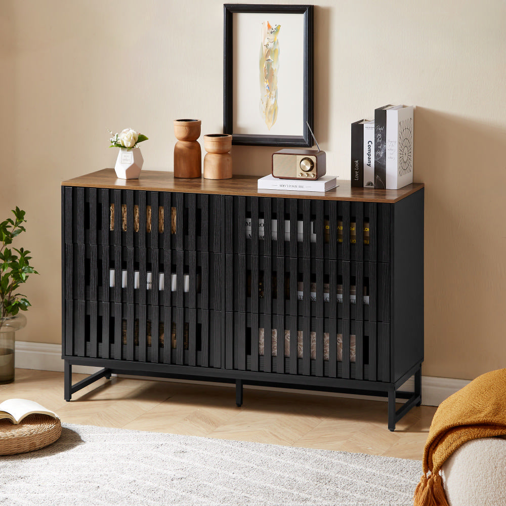 6 Drawer Double Dresser With Slatted Grille Striped Drawer, Modern Sty