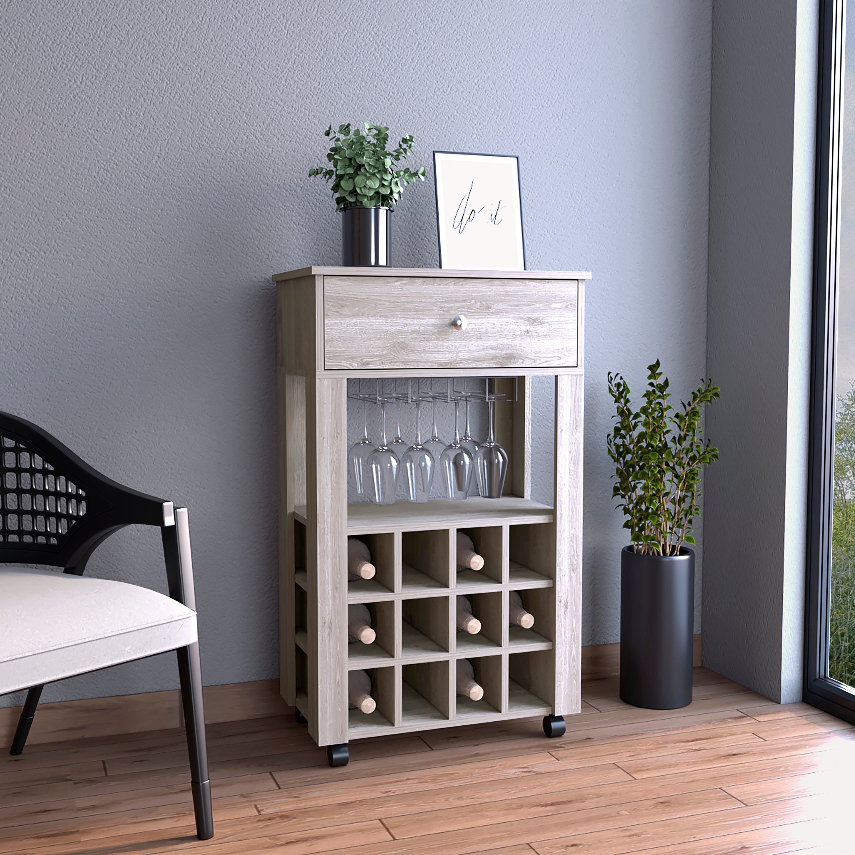 Memphis Bar Cart, Twelve Built In Wine Rack, Four Legs, One Open Shelf
