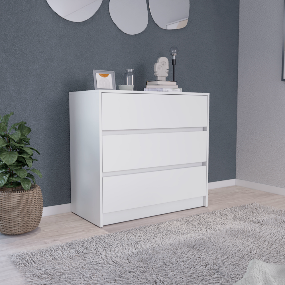 Austin Three Drawer Dresser, Pull Out Mechanism White White Bedroom Modern Particle Board Particle Board Austin Three Drawer Dresser, Pull Out Mechanism White White Bedroom Modern Particle Board Particle Board