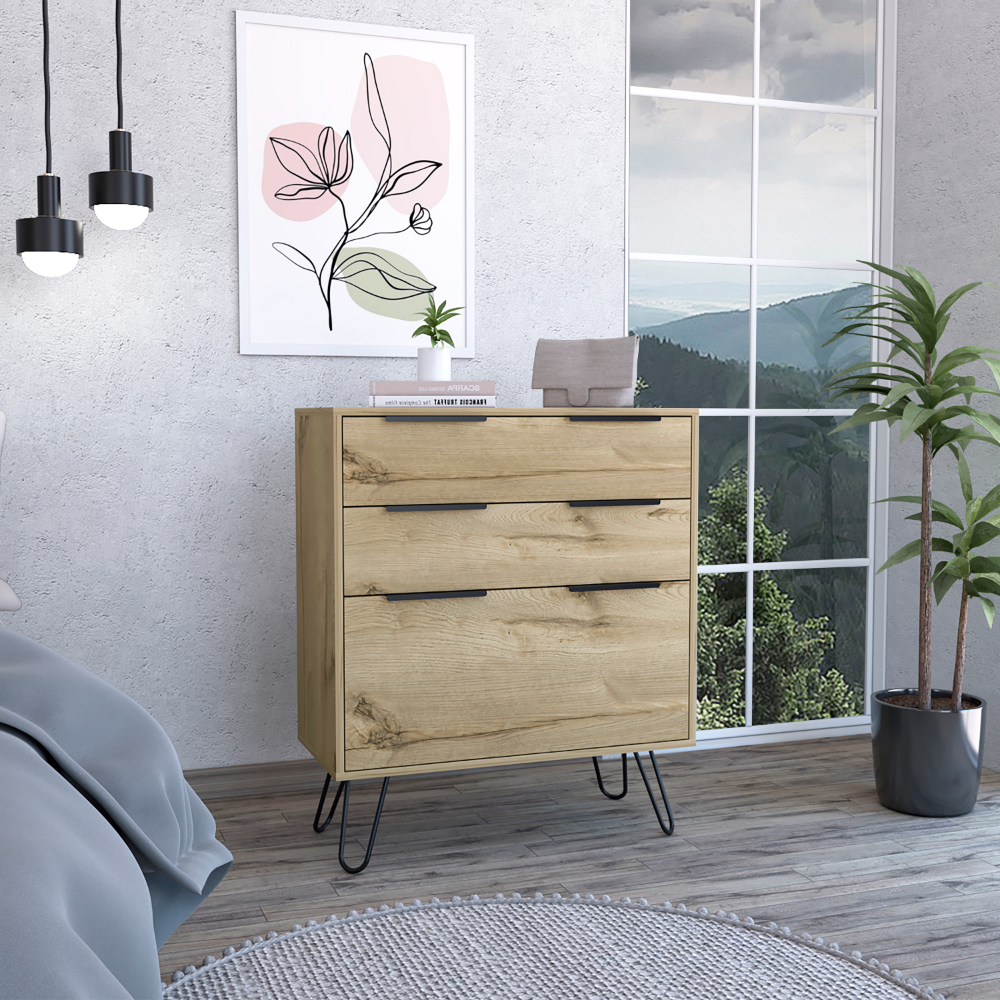 Light Dresser 35"H, Three Drawers, Superior Top, Hairpin Legs, Light Oak Beige Particle Board Particle Board Light Dresser 35"H, Three Drawers, Superior Top, Hairpin Legs, Light Oak Beige Particle Board Particle Board