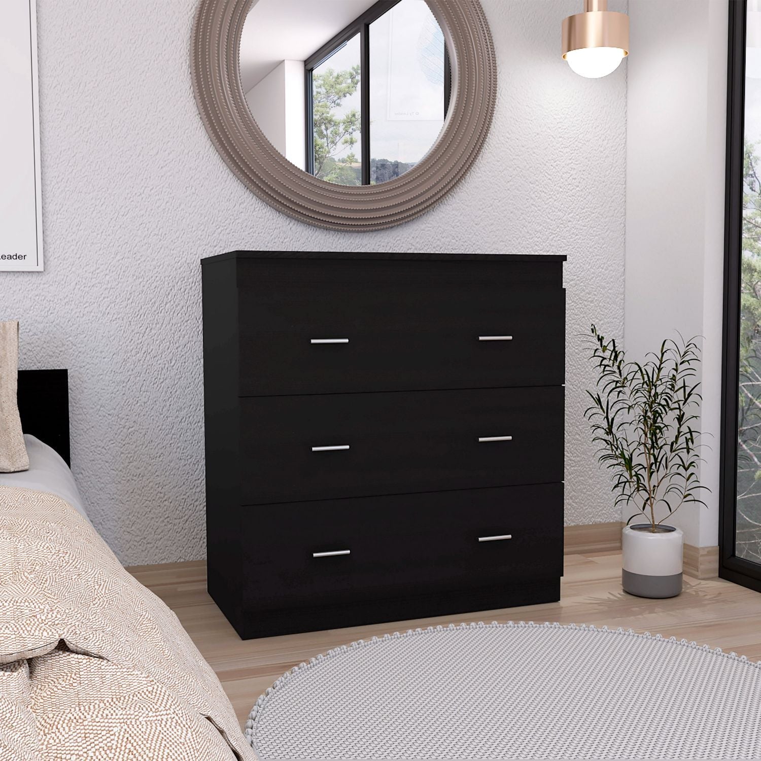 Dresser 33"H, Three Drawer, Superior Top, Metal Handles, White Black P Dresser 33"H, Three Drawer, Superior Top, Metal Handles, White Black P