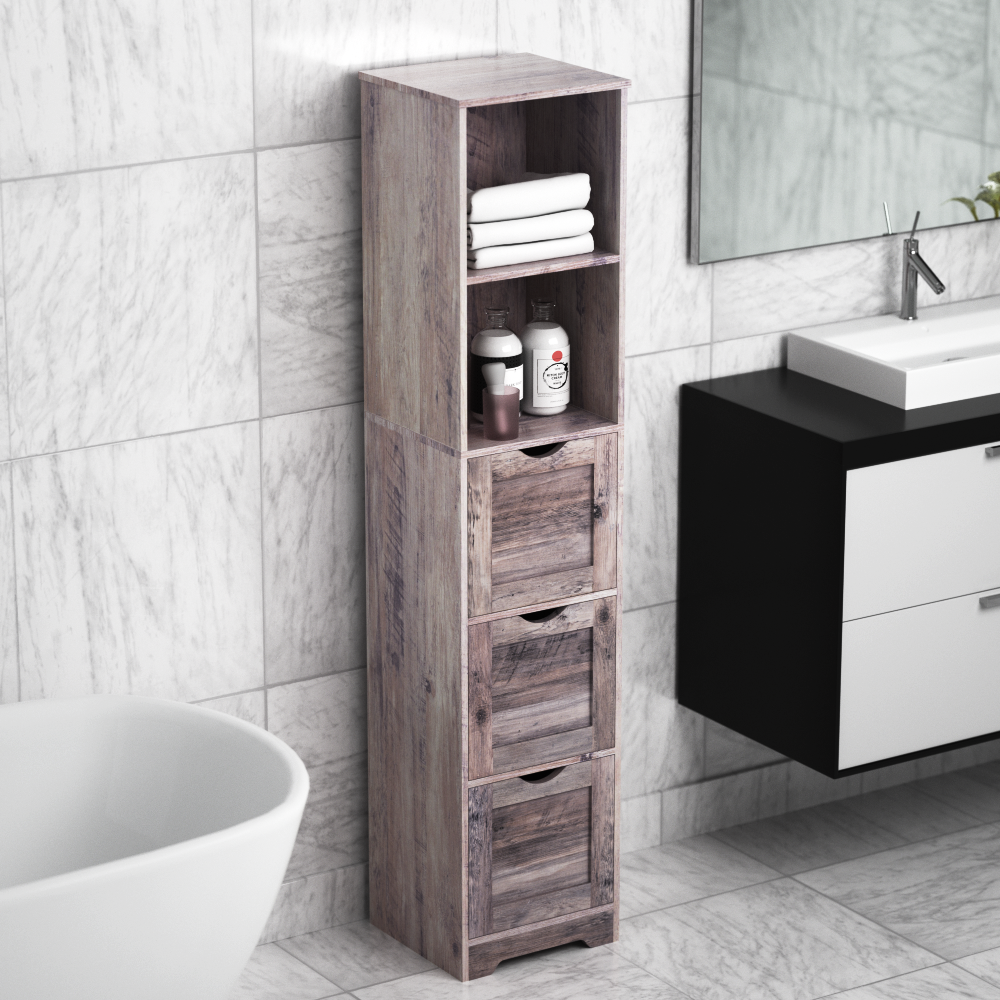 Segawe Bathroom Floor Cabinet – MDF Wood Storage With 3 Drawers & Shelves, Gray, Freestanding