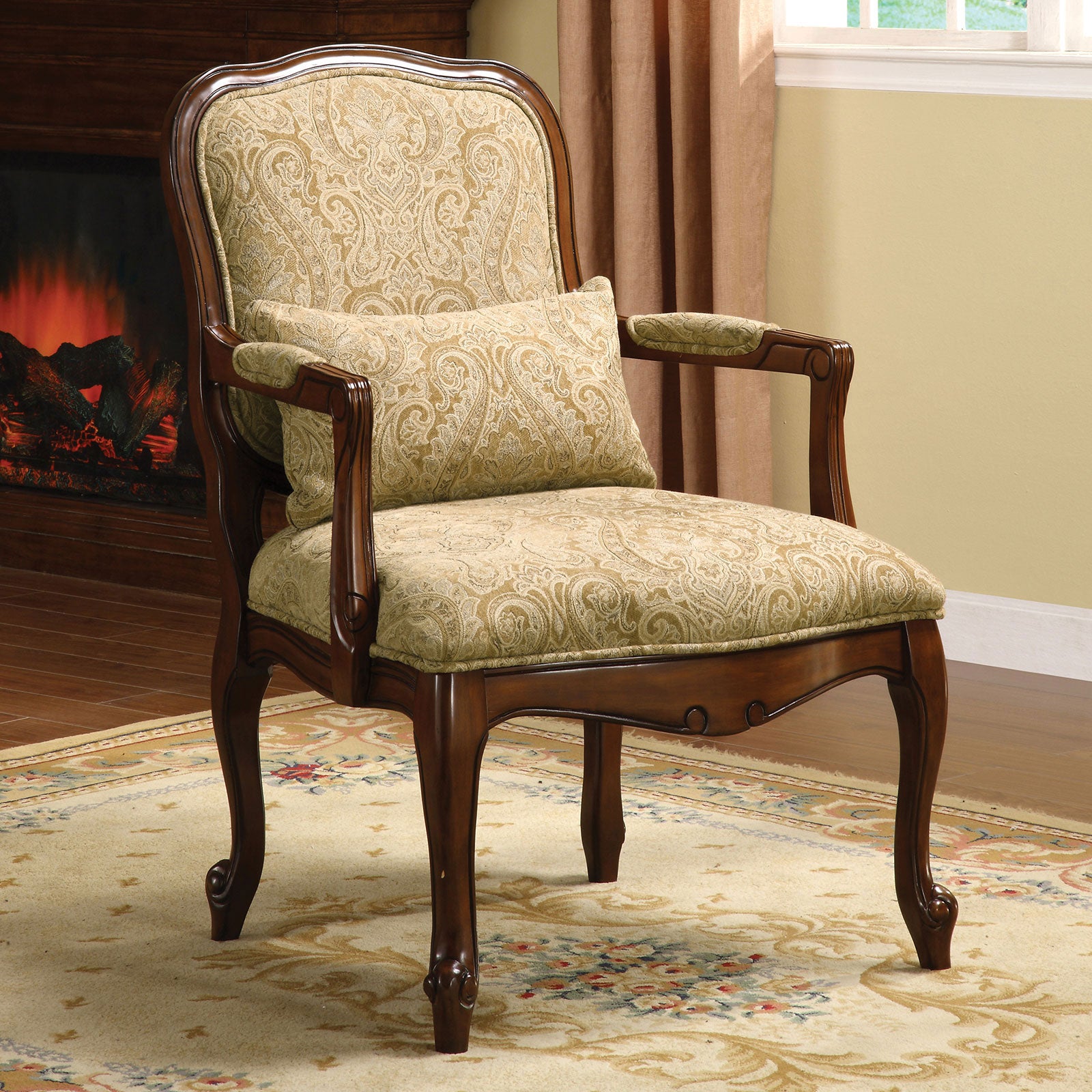 Queen Anne Style Legs Traditional Accent Chair W Pillow Beige Fabric Dark  Cherry Solid Wood Padded Seat 1Pc Arm Chair Beige,Cherry Primary Living ..., image size:1600x1600
