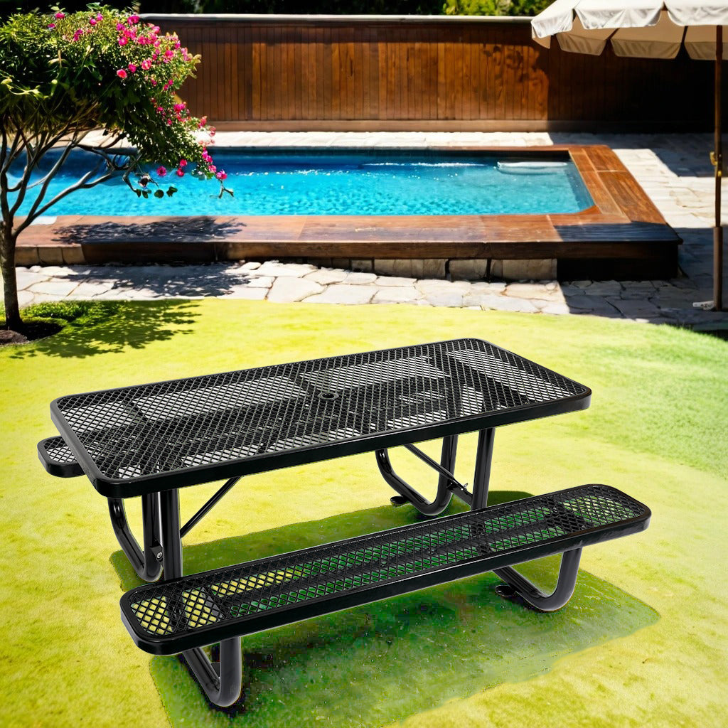 6 foot black patio umbrella 6 Ft. Rectangular Outdoor Steel Picnic Table With Umbrella Pole In Black Black Carbon Steel