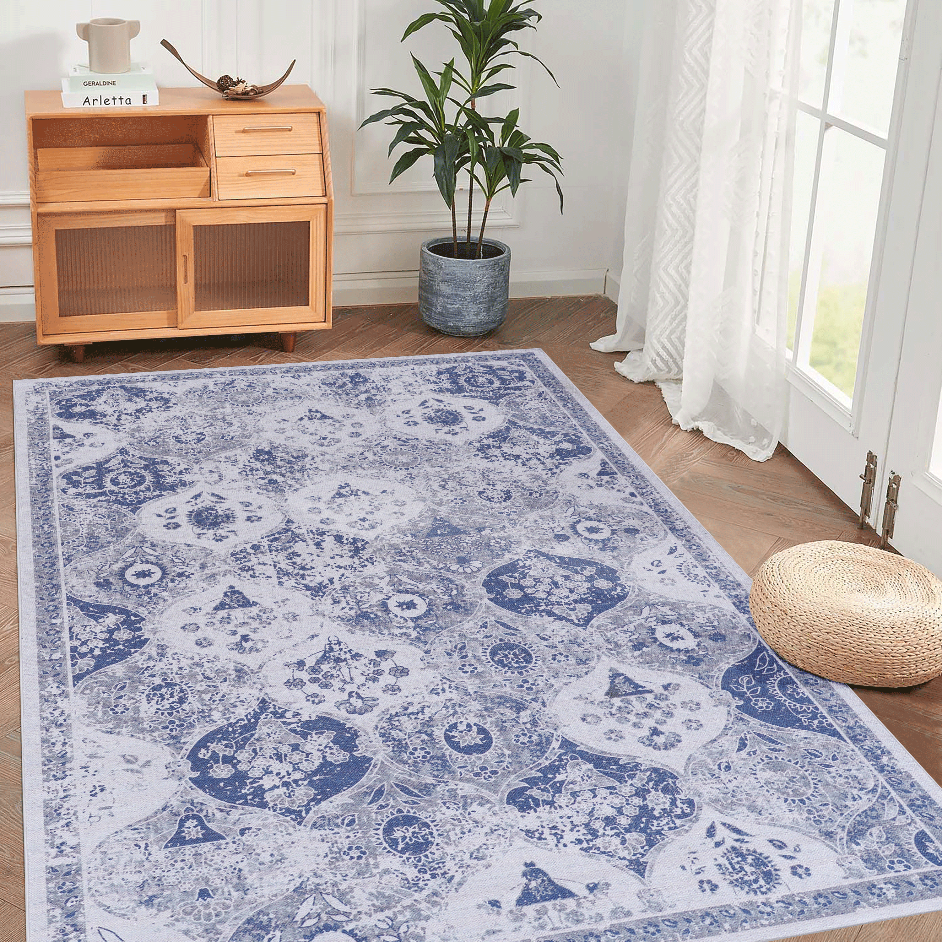 Blue Area Rug 5X8, Washable Rug, Low Pile, Non Slip, Non Shedding, Fol