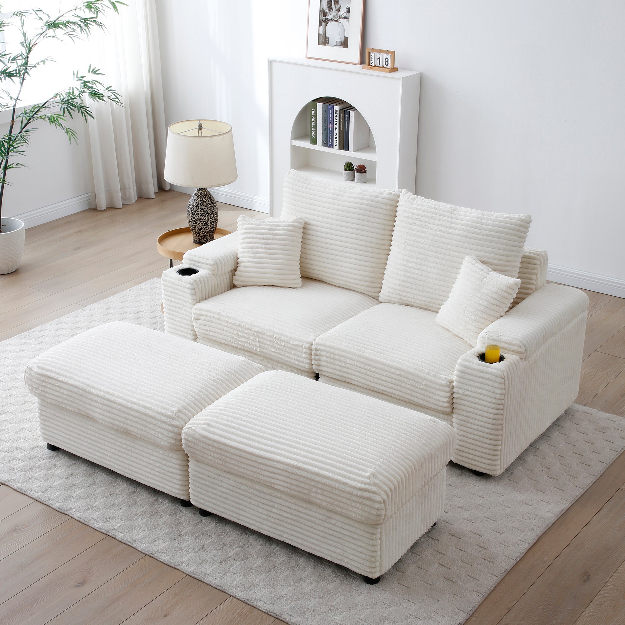Loveseat With Ottomans,Corduroy Fabric Modular Sectional Sofa,Comfy De