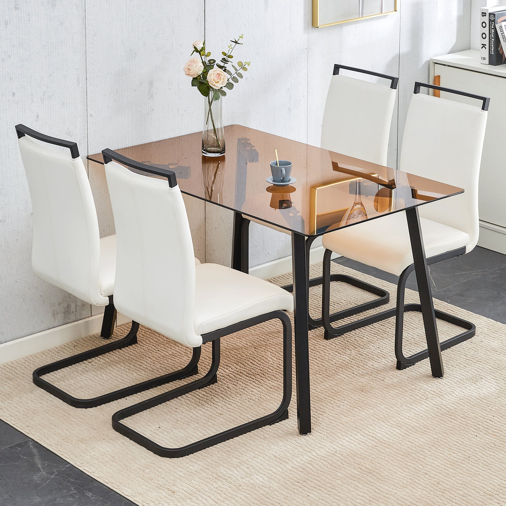 Table And Chair Set. Large Modern Rectangular Table With Brown Glass T