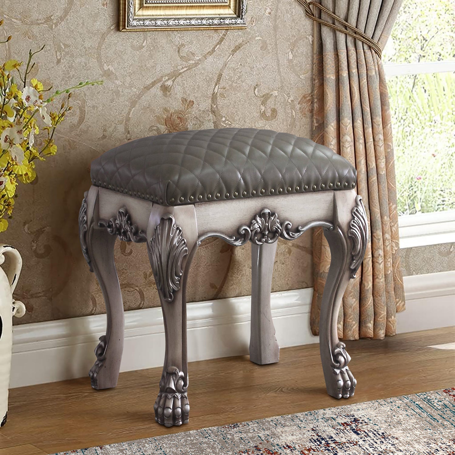 silver grey dressing table stool Grey And Vintage Bone White Vanity Stool With Tufted Seat Grey Bedroom