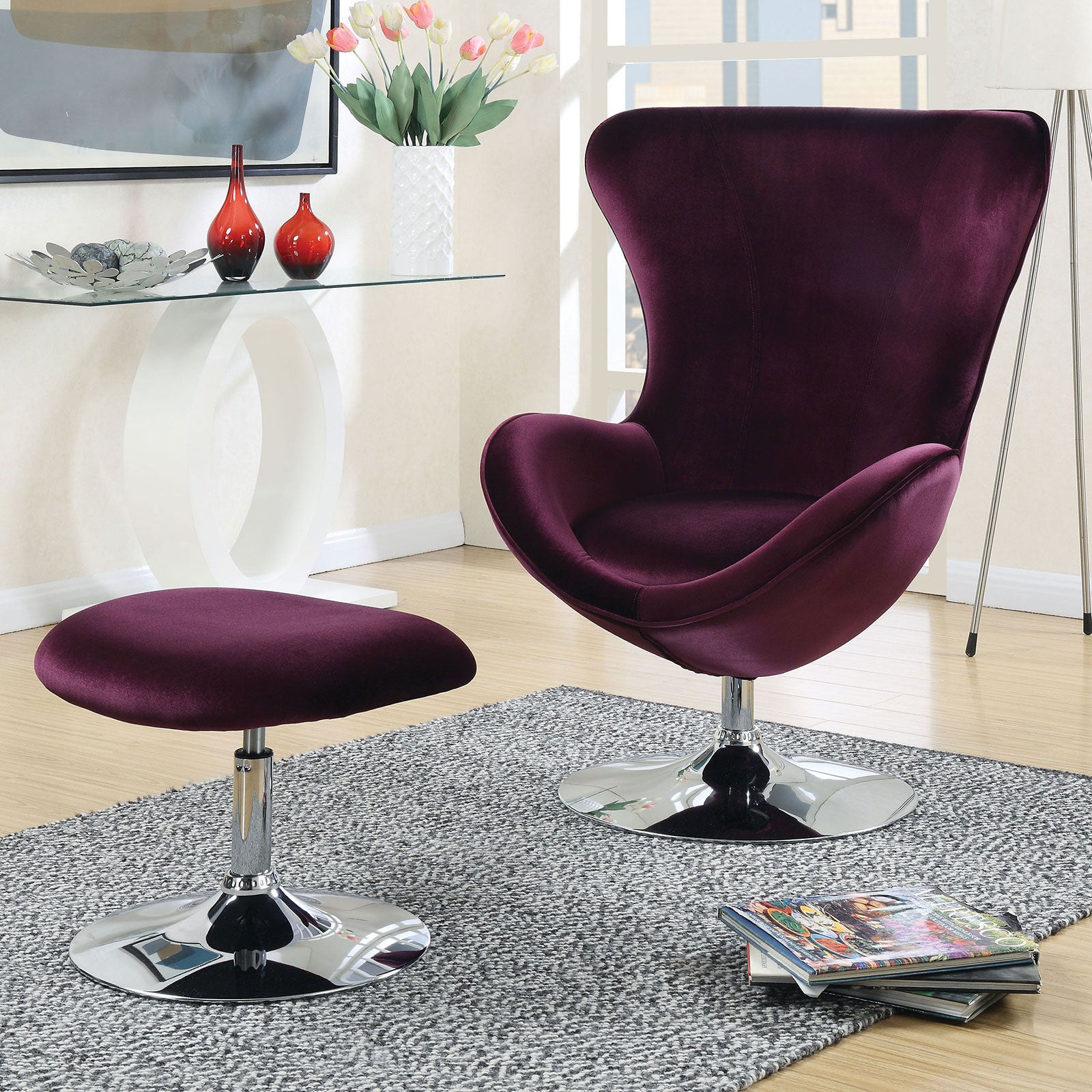 High Back Metal Accent Stool Purple Flannelette Fabric Accent