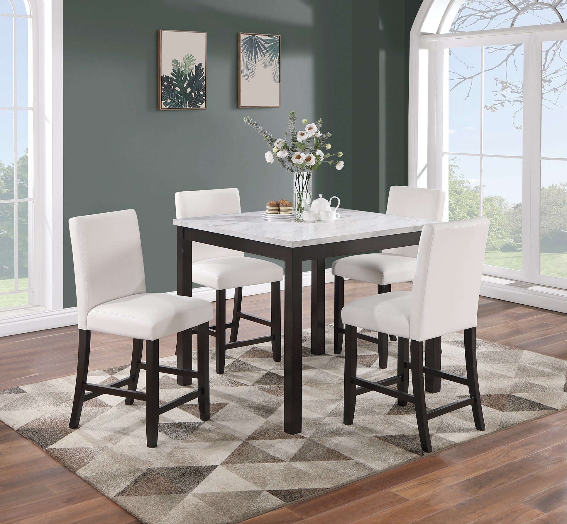 Modern 5Pc Counter Height Dining Set Kitchen Dinette Faux Marble Top T