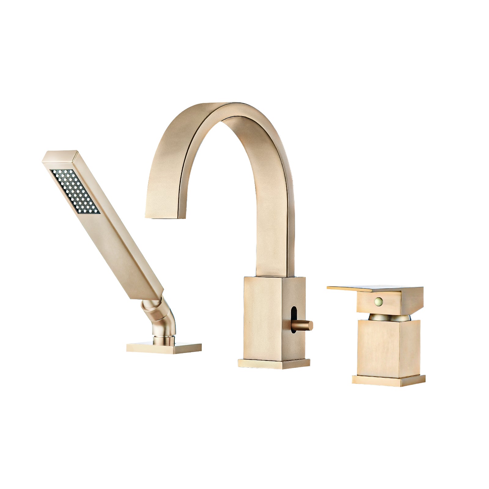 garden tub faucet with sprayer Waterfall Bathtub Faucet With Sprayer, 3 Hole Roman Tub Filler With Hand Shower Deck Mount Waterfall Tub Spout Set Brushed Gold Stainless Steel